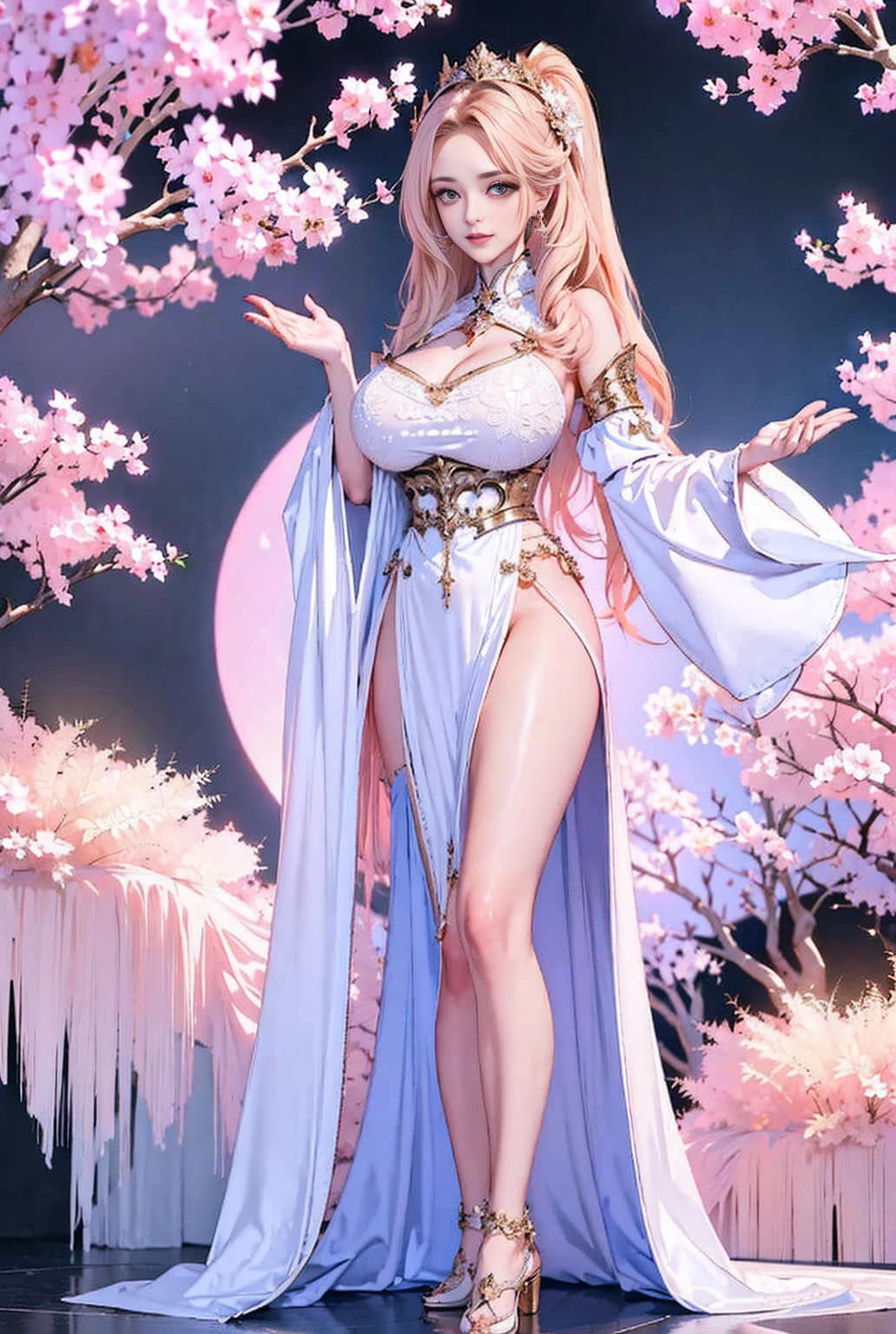 best quality, masterpiece, high resolution,3个女孩,pretty face,whole body,White  revealing robe,Hold the sword in your right hand (Gorgeous ornamentation),Peach tree,The swords are raised in the air and crossed together