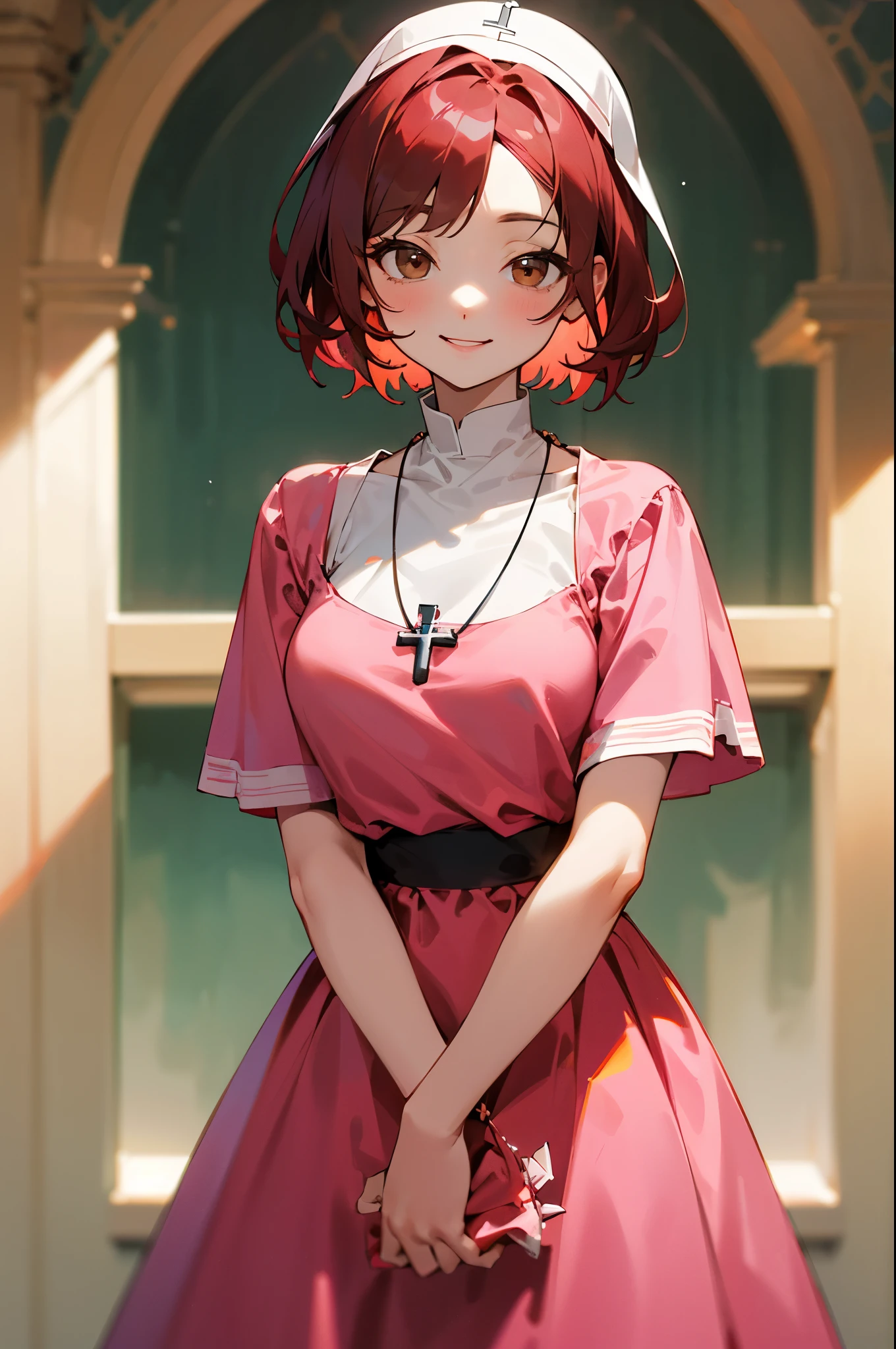 Short red-haired woman with a smile, dressed modestly whit a pink dress. brown eyes. She wears a necklace with a Catholic cross. high res, ultrasharp, 8K, masterpiece, looking at viewer