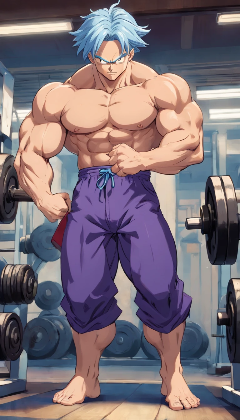 (Eine detaillierte Zeichnung von trunks , bodybuilding gym.), shirtless, massive muscular body, huge muscular shoulders, Massive big biceps, Venen im Bizeps, Muskelbeine, massive muscular abs, Bizepsflex. posierend, er schwitzt, very muscular, The toned body shines in the spotlight, much muscular sexy, Bodybuilding-Pose, squats, barefoot, Full body image