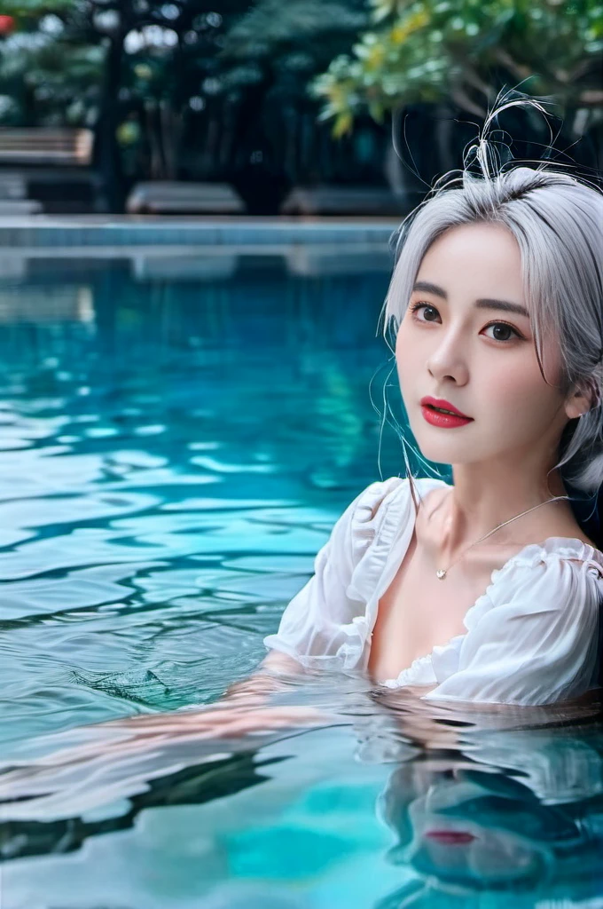 (8k, original photo, best quality, masterpiece:1.2),(actual, photo-actual:1.4), Super detailed, Extremely detailed CG 8k wallpaper,(water晶质感皮肤:1.2), (extremely delicate and beautiful),Delicate skin,1 girl,water,water下,water下 photography,immerse,White shirt,charming,correct,looking at camera,white hair,Upper body,(Face the camera directly:1.5),(浅蓝色的海water:1.4),