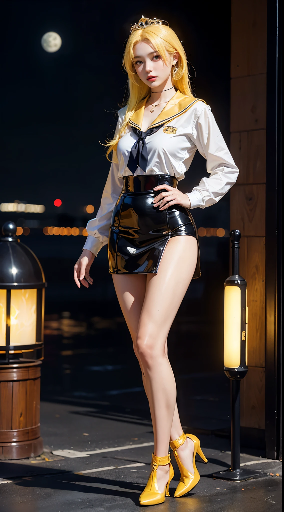 ((masterpiece:1.4)、(highest quality:1.4)、(realistic:1.7))、master piece:1.4、beautiful girl、(beautiful girl戦士セーラームーン:1.4)、moon野うさぎ、Body fit sexy sailor warrior uniform、(shiny latex)、(The jacket is a white sleeveless sailor uniform....)、(Skirt Blue Sexy Ultra Ultra Pleated Mini Skirt)、There are two thin blue lines on the collar of the sailor uniform................、high leg swimsuit、red cloth decoration on the chest、(wearing white gloves)、cute girl、Super beautiful、sharp focus、portrait photography、(perfect female body:1.4)、perfect proportions、(full body photography:1.4)、beautiful face、beautiful eyes、narrow waist、(足が長くスタイルの良いbeautiful girl:1.4)、beautiful feet、(yellow hair:1.4)、(long hair:1.2)、beautiful breasts、big breasts:1.2、sexy butt、Raw photo、red lips、red high heels:1.4、choker:1.4、necklace:1.4、earrings:1.4、luxurious golden tiara:1.4、1 screen display、moon、universe、universe船、universeステーション、city of the future