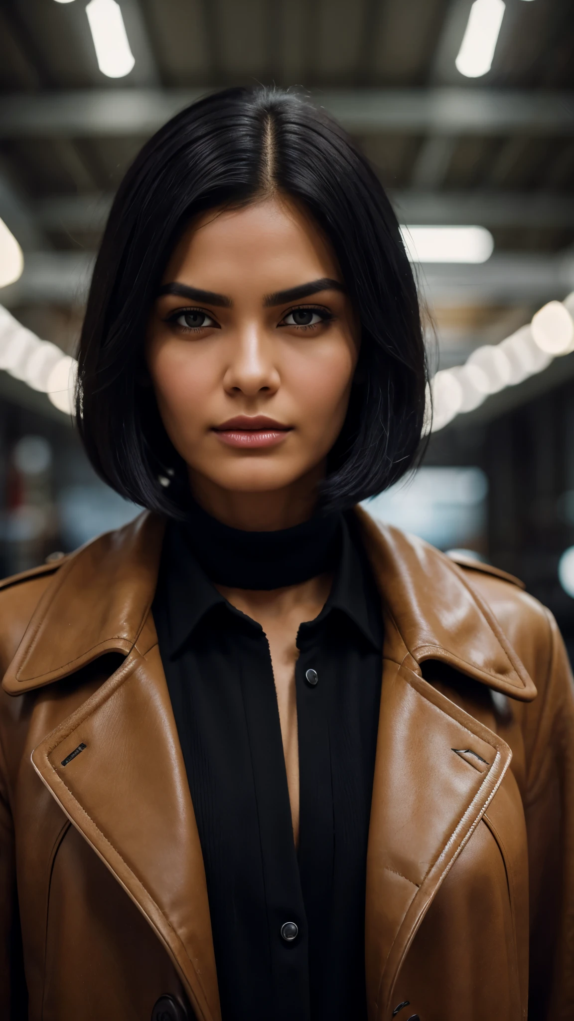 Chanel black coat, black hair, hair behind the ear, short hair, hair tied back, straight hair, raised eyebrows, serious, cowboy photo, from below, atmospheric perspective, bokeh, f/2.8, 35 mm, Sony FE , textured skin, best quality, high resolution, HD, 8k, high details, anatomically correct, retina