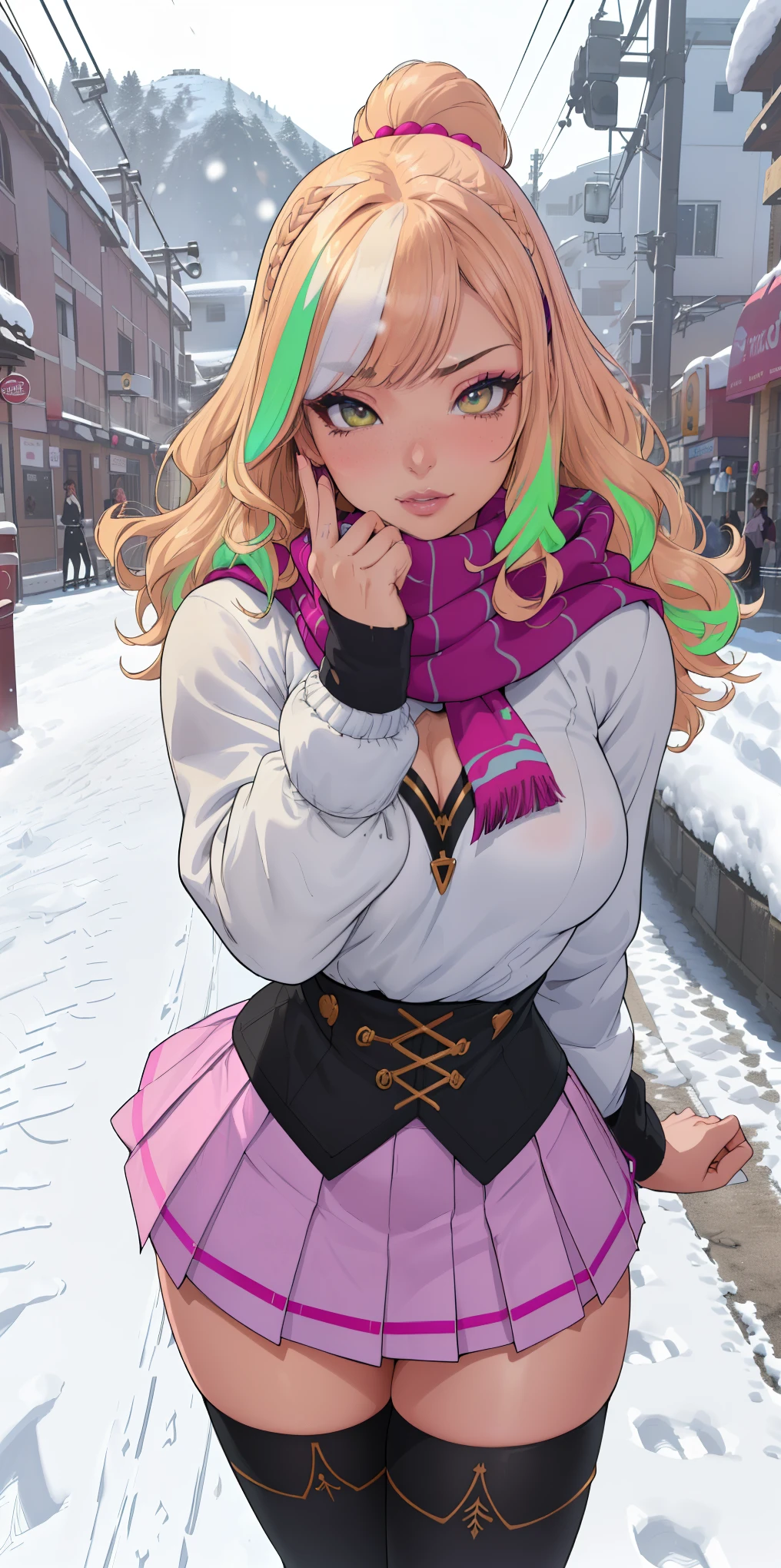 ((Bust-80cm)) ((waist-58cm)) ((hips-90cm)), (beautiful and cute 19 year old girl) (((gyaru)))), ((multicolored hair with wavy highlights, medium hair and straight, clip, hair accessories, long side bangs long side bangs covers right eye)), double eyelids, detailed light greenish eyes, hyper detailed eyes, light effect on the eyes, detailed iris, has an extremely sensual appearance, with amazing breasts and perfect waist, and an extremely sexy looking body, ((sensual anime style school uniform with fuzzy scarf, long sleeves, cowboy shot, pleated skirt with accessories, short skirt, black thigh high socks, beautiful makeup, (( masterpiece, hyper realistic, hyper detailed, best quality, 16k, Light and shadow effect on skin, vivid colors)), eyeliner, passionate expression, perfect pink lips, innocent and sexy face, shy smile, ((color with beautiful skin)), beautifully seductive, passionate, embarrassed, ((she is beautiful)), variable cute and sensual pose, flirting with the viewer, seductive look, (slightly inclined pose), ((((on the street, snow, snowing, at the ski resort))))