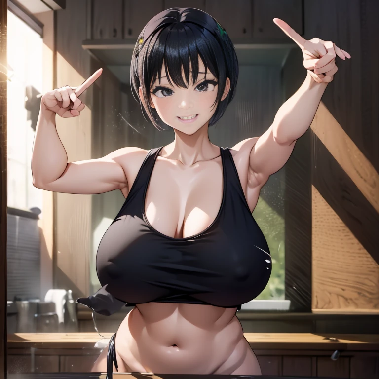 「highest quality、masterpiece、An illustration、very delicate and beautiful、very detailed、cg、8k wallpaper、wonderful、small details、masterpiece、the best ultimate art、very detailed、 cg Unity 8k wallpaper」、japanese girl、(((NSFW1:1))),(((huge breasts 1:1)))、(((Super Big 1:1)))、(((Pee)))、(((black hair)))、(((red tank top)))、(((Black Bloomer)))、(((short hair)))、(((raise both arms)))、(((peace sign)))、(((smile)))