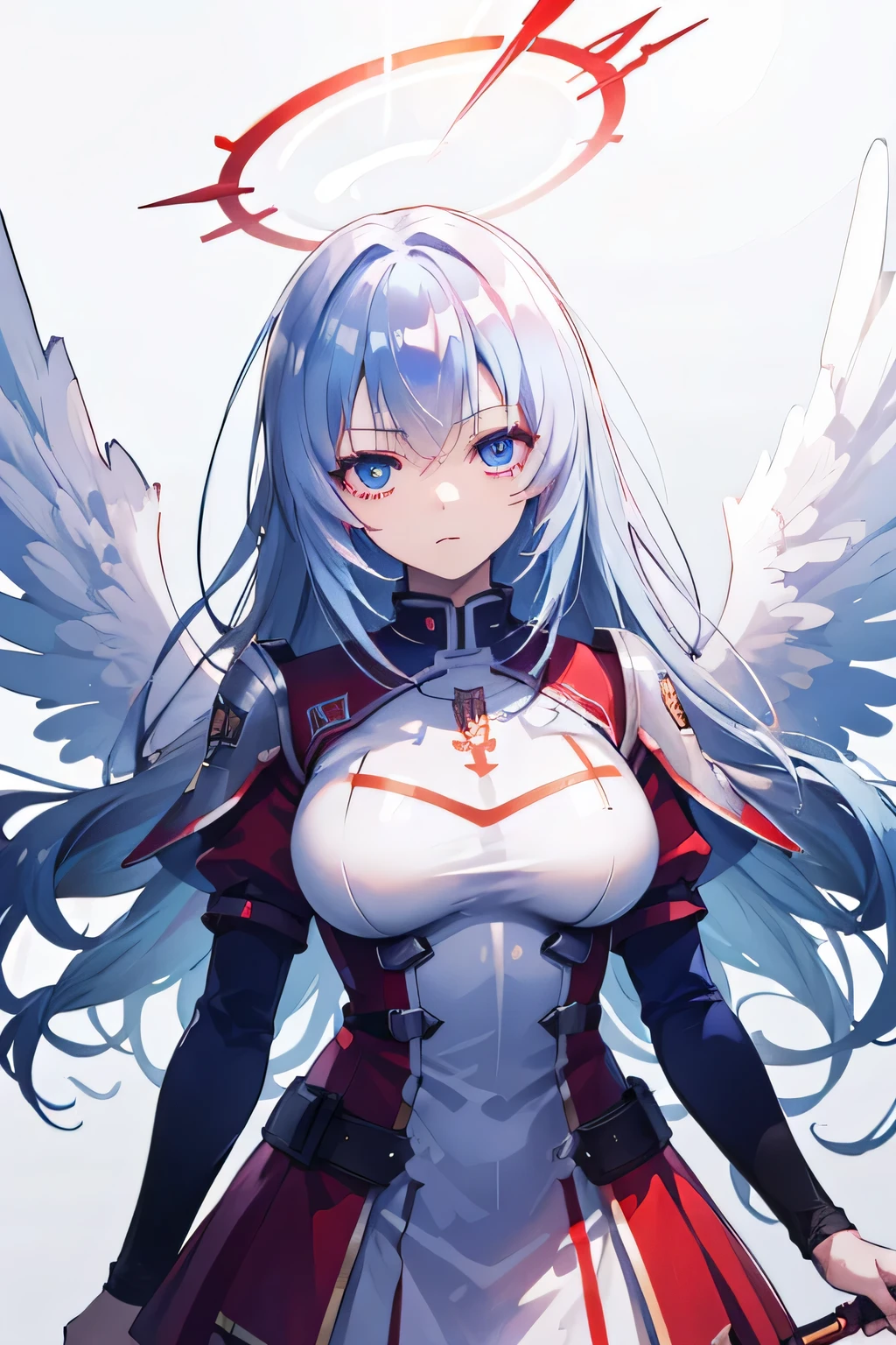 high quality, blue hair, red eyes, angel wings ,halo, majestic, spear ,warrior