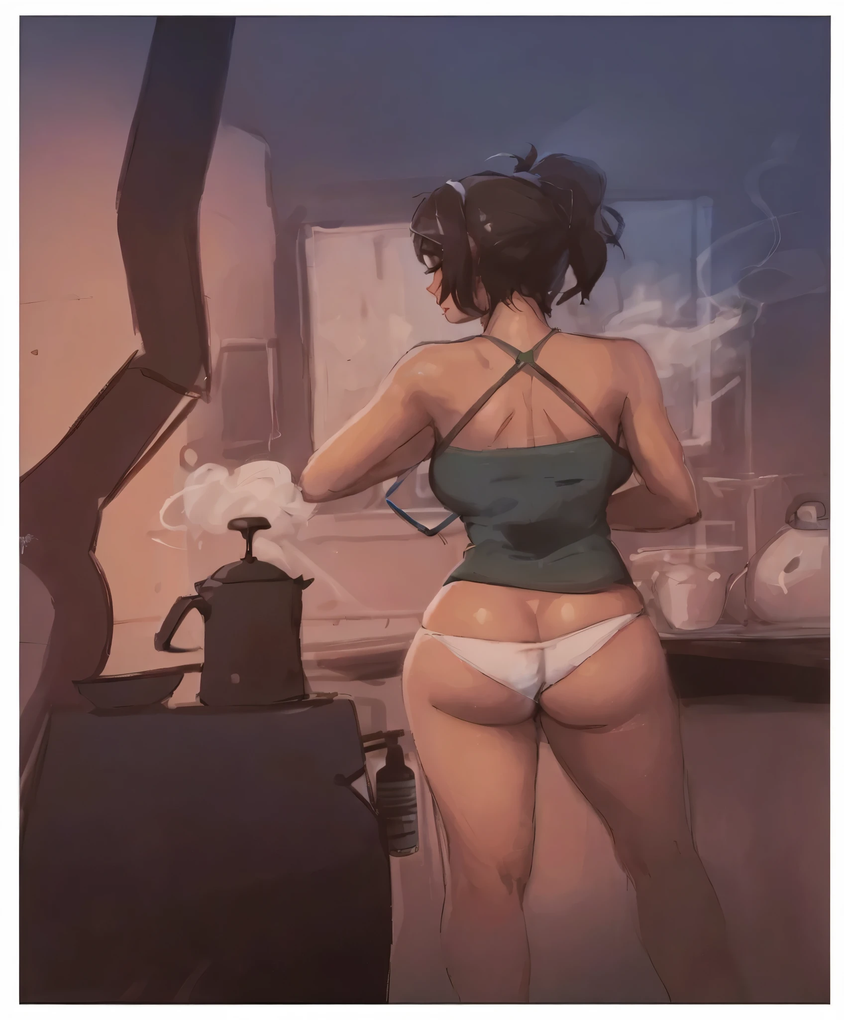 there is a woman in a bikini standing in front of a stove, lazy |, fofosexyrobutts, Greg Tocchini, by lazy, na cozinha, bela arte em quadrinhos, lazy and wlop, arte peluda pov, breakfast, por Ryan Yee, by André Castro, arte pin-up, garota misteriosa da cafeteria, Por Jake Parker, em uma cozinha