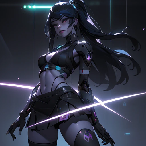 Ariana Grande cyborg, shooting green lasers from her eyes, Cibersamurái, desnudo, Cabello largo, ojos azules, cabello negro, pechos grandes, escote, muslos anchos, Science-Fiction, ciborg:1.4, cyberpunk,( fondo negro brilla: 1.25),More detailed 8K.motor irreal:1.4,UHD,La mejor calidad:1.4, fotorrealista:1.4, textura de la piel:1.4, obra maestra:1.8,obra-prima, mejor calidad,objeto Objeto], (detailed face features:1.3),(Ojos sutiles y hermosos :1.1),(Perfect anatomy),lingerie sexy pink,(Cybersamurai white:1.4),(fondo ciudad Tokio cyberpunkAI colors:1.4) ,(convexo Dedos detallados), (  cyborg),(Pieza maestra:1.2), (mejor calidad:1.2),(Pieza maestra:1.2), (mejor calidad:1.2),(miniskirt ciborg:1.4)