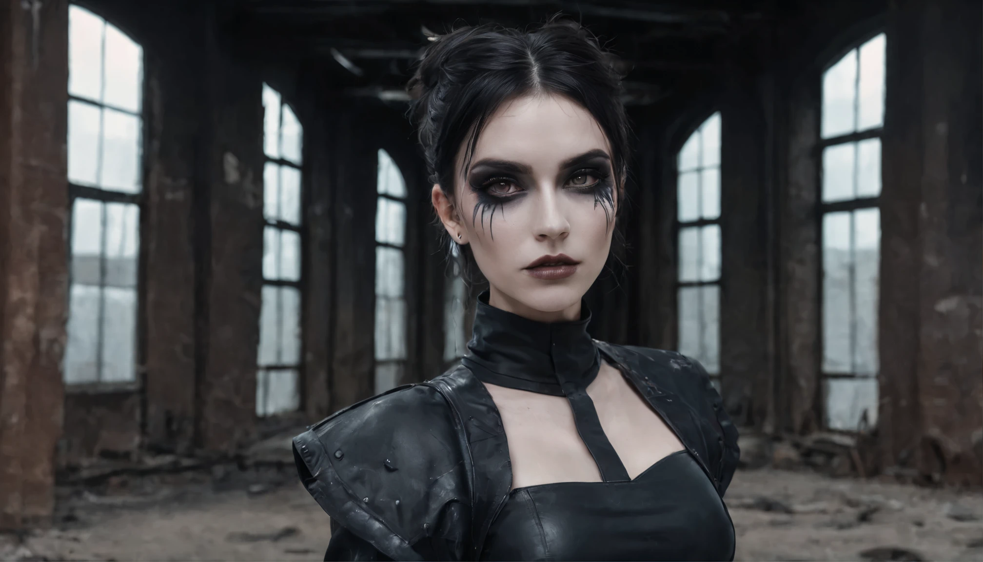 mulher ciborgue with goth makeup posing for a photo in the inside of an abandoned factory, cyberpunk aesthetic, mulher ciborgue, Dark Techno Aesthetics, Industrial Gothic Aesthetics, Trainee of an abandoned factory in the background, ultra detalhado, fotorrealista, obra de arte.