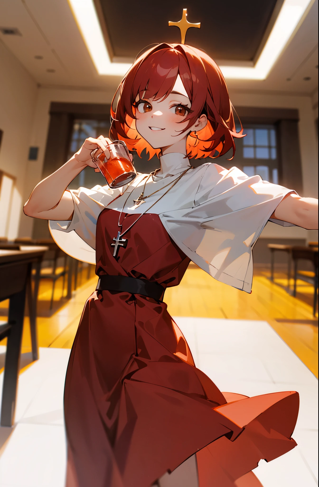 Short red-haired girl with a smile, dressed modestly whit a red dress. brown eyes. She wears a necklace with a Catholic cross. drinking alcohol in the classroom. high res, ultrasharp, 8K, masterpiece, looking at viewer