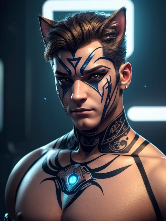 (((​masterpiece)))、(((top-quality)))、((ultra-definition))、(High Definition CG Illustration)、((extremely delicate and beautiful))、Cat man, Cyber City、Cinematic Light、man with shearing hairstyle、Unconventional、Cyber man、2080s、animesque、man with、facepaint、face tattoos、trending on artstationh