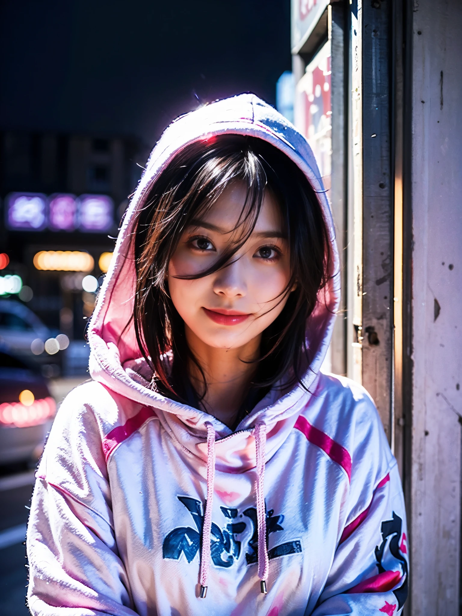 "(detailed background, masterpieces, best quality:1.2), smiling, accessories, hood, portrait, neon pink, graffiti, dark, night, bright eyes, purple glow, big breasts"
