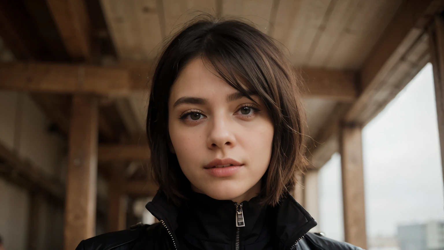 Chanel black coat, black hair, hair behind the ear, short hair, hair tied back, straight hair, raised eyebrows, serious, cowboy photo, from below, atmospheric perspective, bokeh, f/2.8, 35 mm, Sony FE , textured skin, best quality, high resolution, HD, 8k, high details, anatomically correct, retina, entire body
