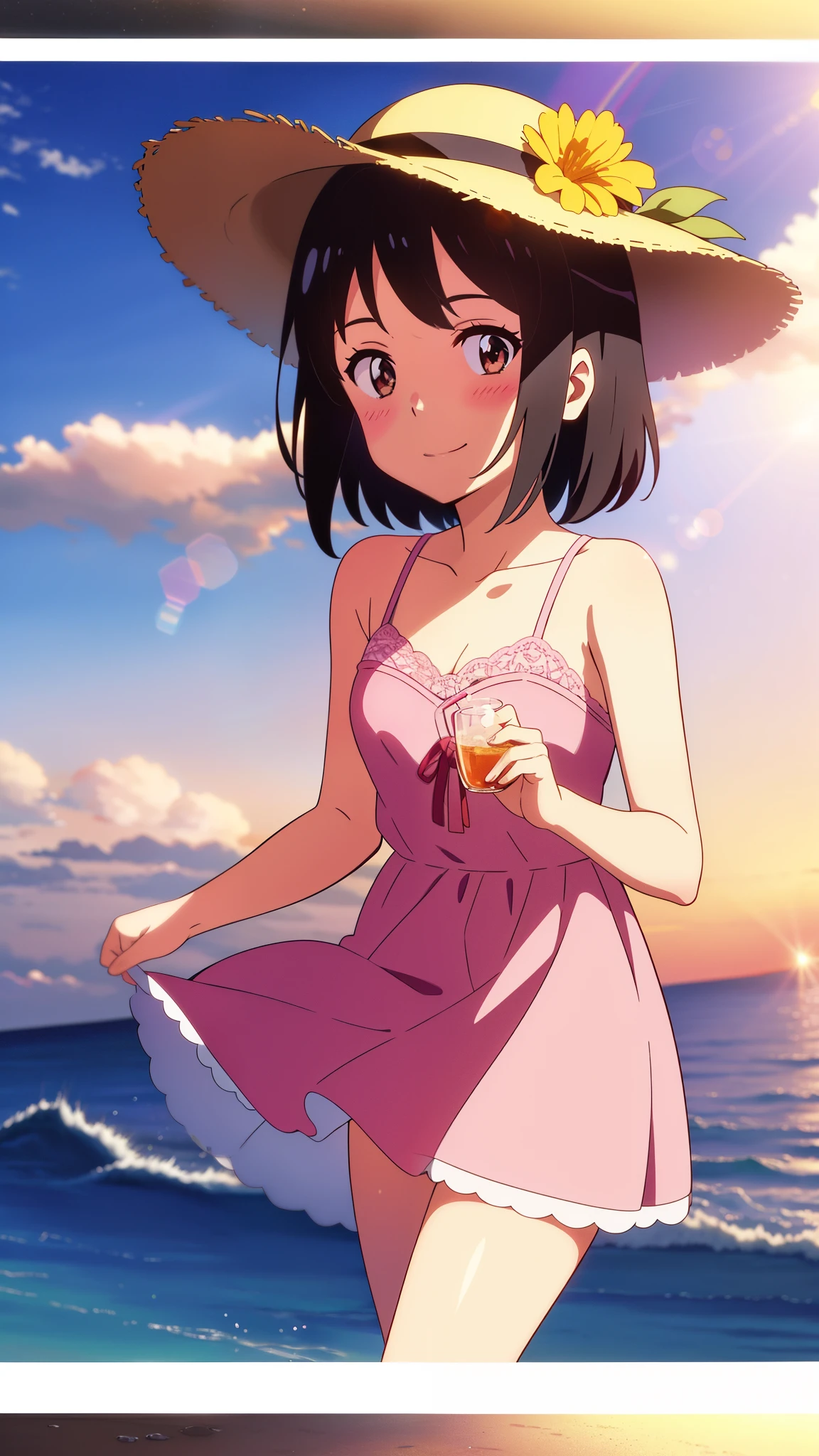 shinkai makoto, kimi no na wa., 1girl, bangs, black hair, blush, brown eyes, shiny skin, red headband, a pink lace dress, straw hat, short hair, smile, cute, solo, looking at viewer, happy, summer beach, cloudy, sky, sunset, evening, lens_flare, Splash