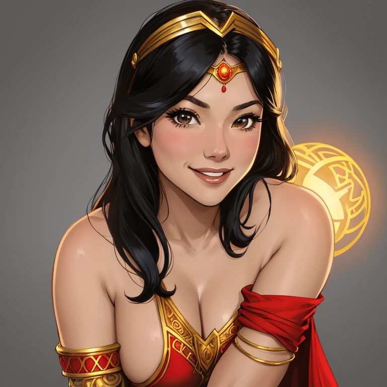 Dynamite Comics, (emote:1), Eloise Mumford dressed as Dejah Thoris, by Frank cho and HR Geiger, barsoom, (), black hair, ornate diadem, , (1girl:1), (head shot), smiling, Gray background,  