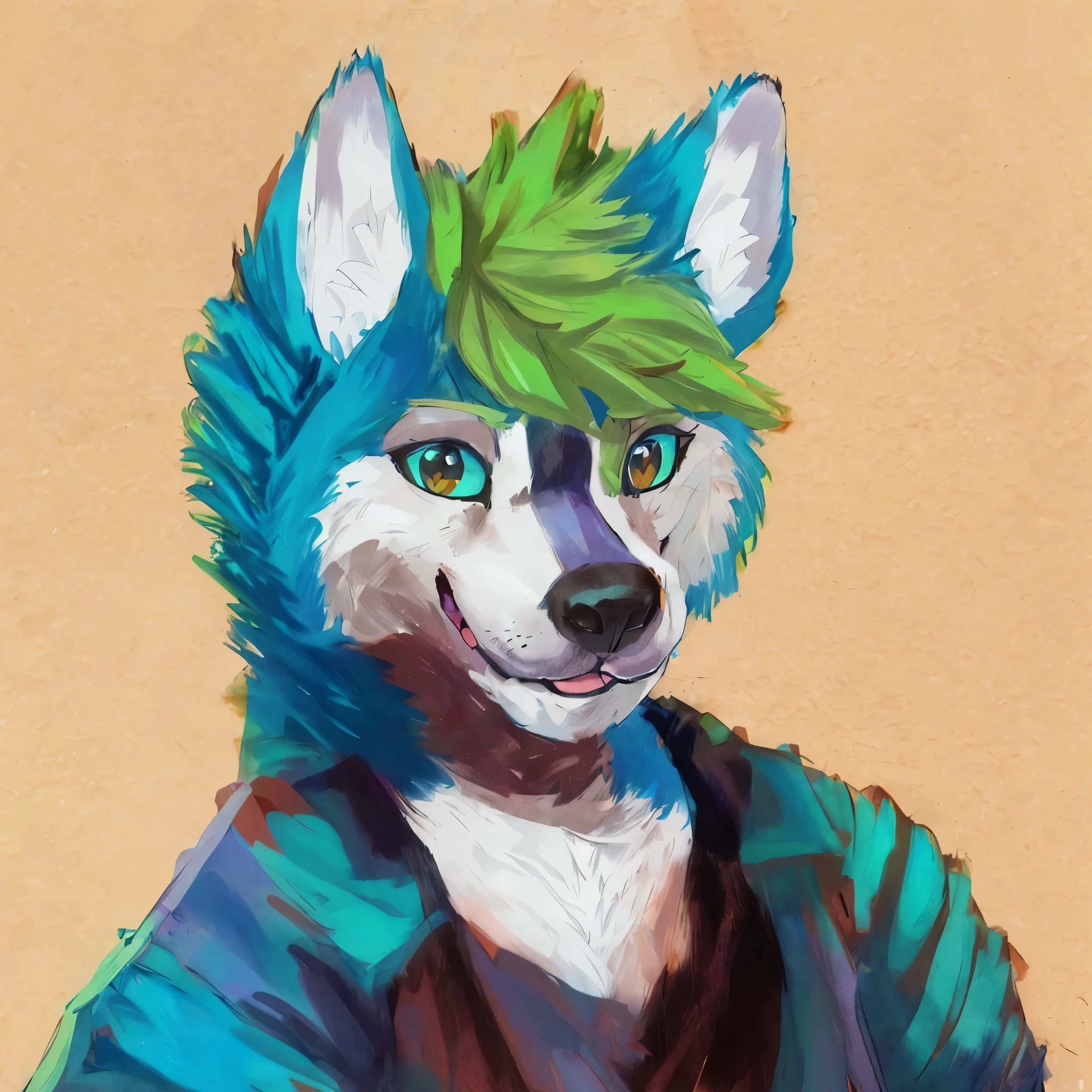 painting of a dog with a green mohawk and a blue shirt, furry character portrait, anthro portrait, fursona art, portrait of an anthro fox, furry fursona, fursona furry art commission, furry art!!!, furry character, furry mawshot art, fursona commission, fursona!!!!, anthro art, handsome weasel fursona portrait, professional furry drawing