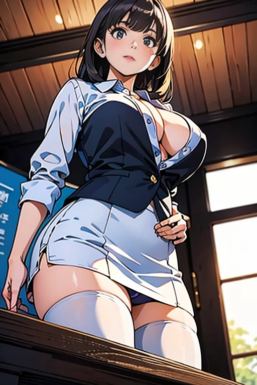 Beautiful Japan adult woman、1 beautiful woman, Beautiful Office Lady, slender body, realistic, very detailed, High resolution raw color photos, professional photos, realistic portrait, cinematic light, beautiful details, (beautiful breasts:1.2), (cleavage:1.2), (White business shirt with wide open chest:1.5), (extremely short skirts:1.3), pantyhose, panties, squat, in the room, Sales Office, (最high quality:1.4), Super detailed, high quality, table top, (view from below:1.5)、slight smile、
