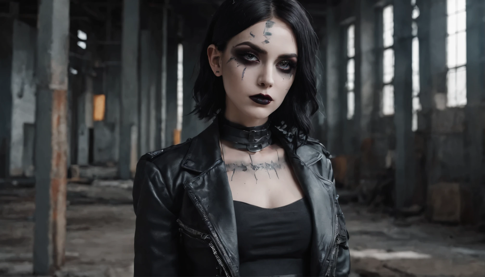 mulher ciborgue with goth makeup posing for a photo in the inside of an abandoned factory, cyberpunk aesthetic, mulher ciborgue, Dark Techno Aesthetics, Industrial Gothic Aesthetics, Trainee of an abandoned factory in the background, ultra detalhado, fotorrealista, obra de arte.