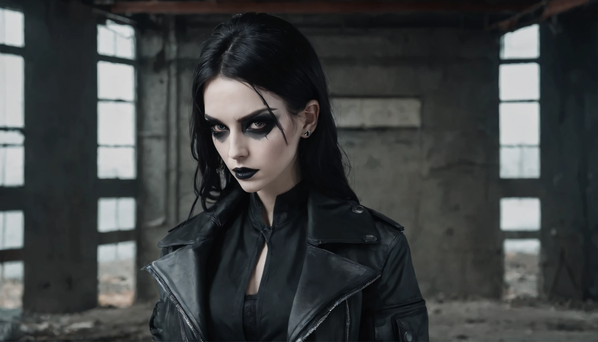 mulher ciborgue with goth makeup posing for a photo in the inside of an abandoned factory, cyberpunk aesthetic, mulher ciborgue, Dark Techno Aesthetics, Industrial Gothic Aesthetics, Trainee of an abandoned factory in the background, ultra detalhado, fotorrealista, obra de arte.