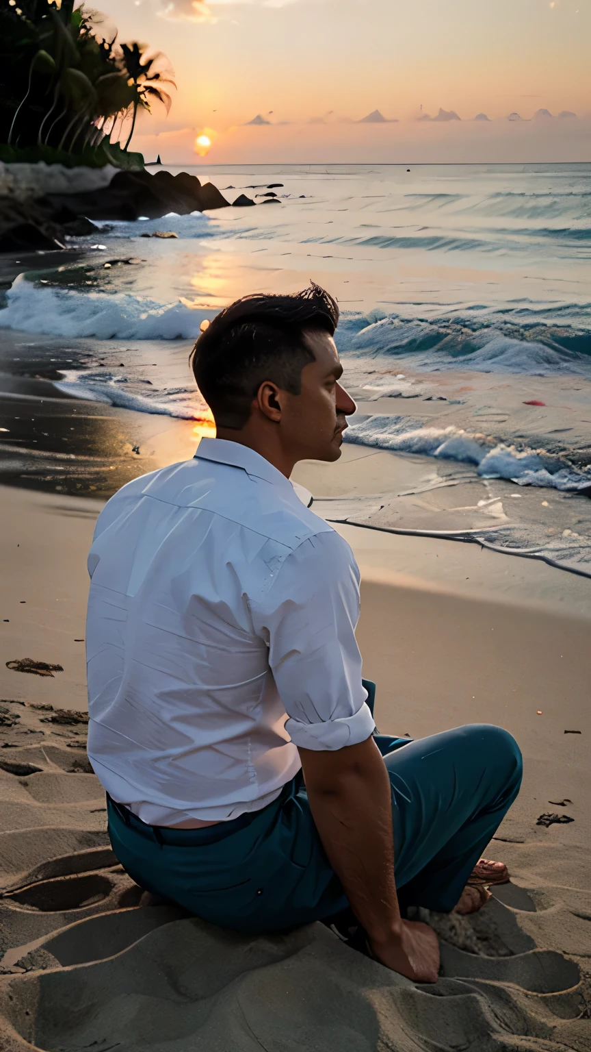 a man seating on the beach looking the ocean, sunset time