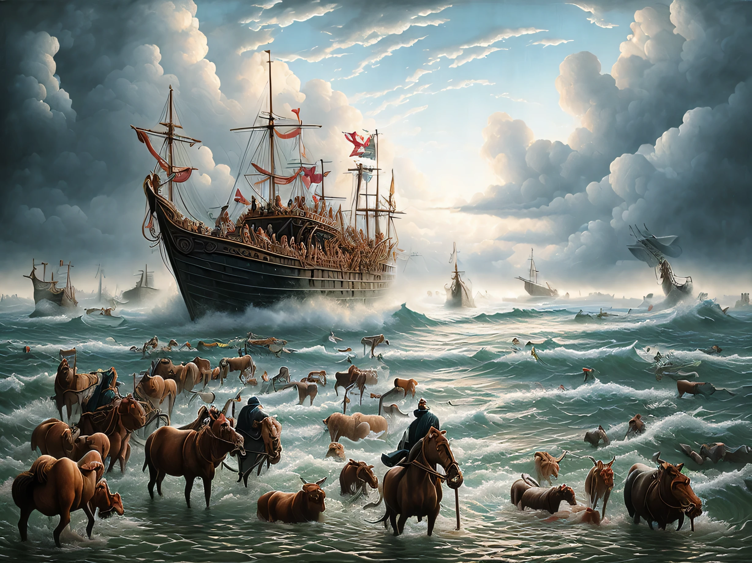 pintura de un hombre parado frente a un grupo de ovejas en una playa, noah's ark, epic biblical depiction, biblical painting, Hermosa imagen nunca creada, por Johfra Bosschart, Biblical art, Rob McNaughton, bible illustration, Arte impresionante, Biblical art style, Beautiful Rendering, impresionante obra maestra de arte, por Howard Lyon, Flood water paint