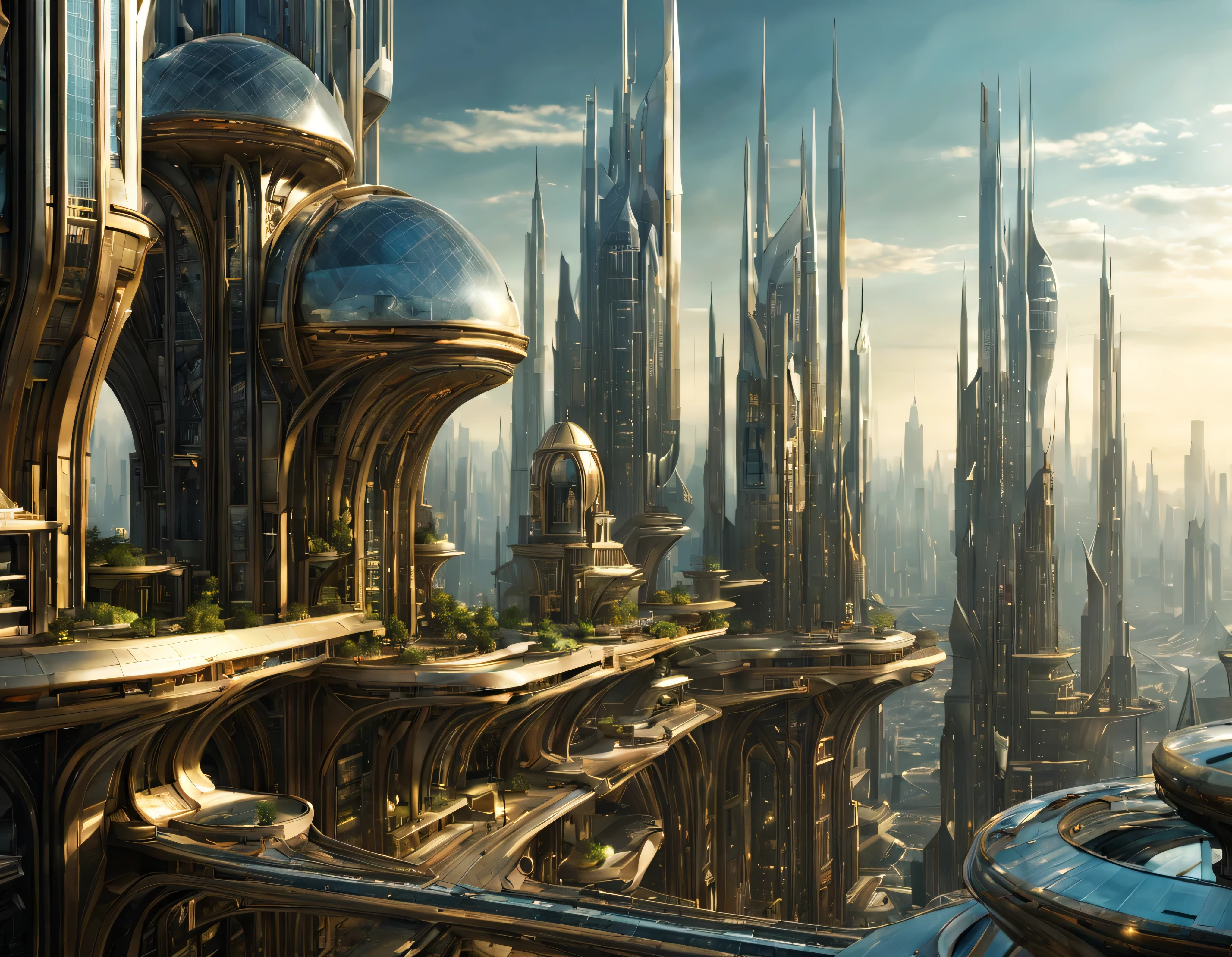 the city of megacity futuristic science fiction city as it would be in the year 3029, vista desde una terraza , with high-tech design , edificios de metal y cristal, autopistas cruzandolos, de una inmensidad impresionante, con el empleo de oro , plata y bronce en su construccion, realmente impresionante a la vista, imagen bien definida, fondo nitido bien defifido, con muchos edificios juntos. imagen nitida bien definida 8k. los edificios llegan alta el fondo.,8k. imagen cinematografica, renderizado 3d, ((obra maestra de superior calidad)).
