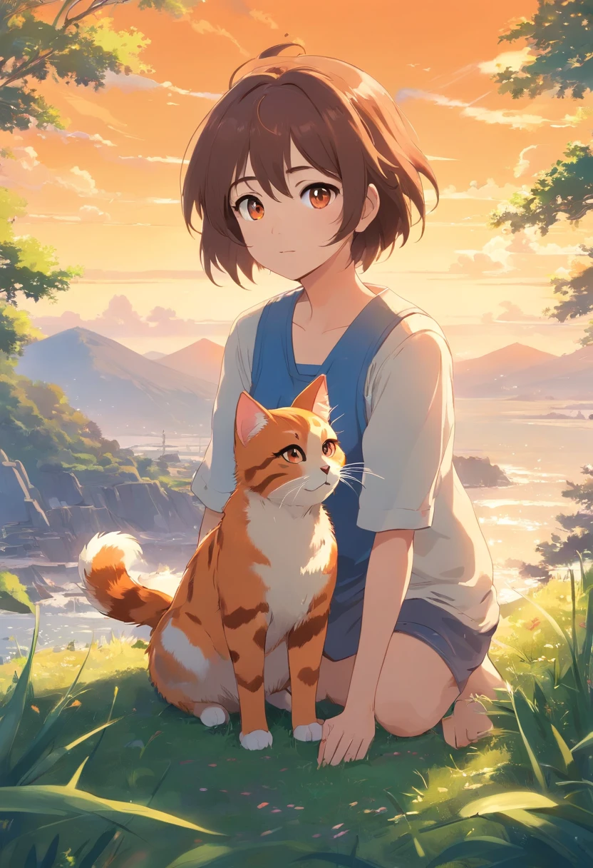 Katze, sweet and fluffy, liegt auf Kiesen, Kristallblaue Augen, Fell orange, etwas dunklere Streifen auf dem Fell