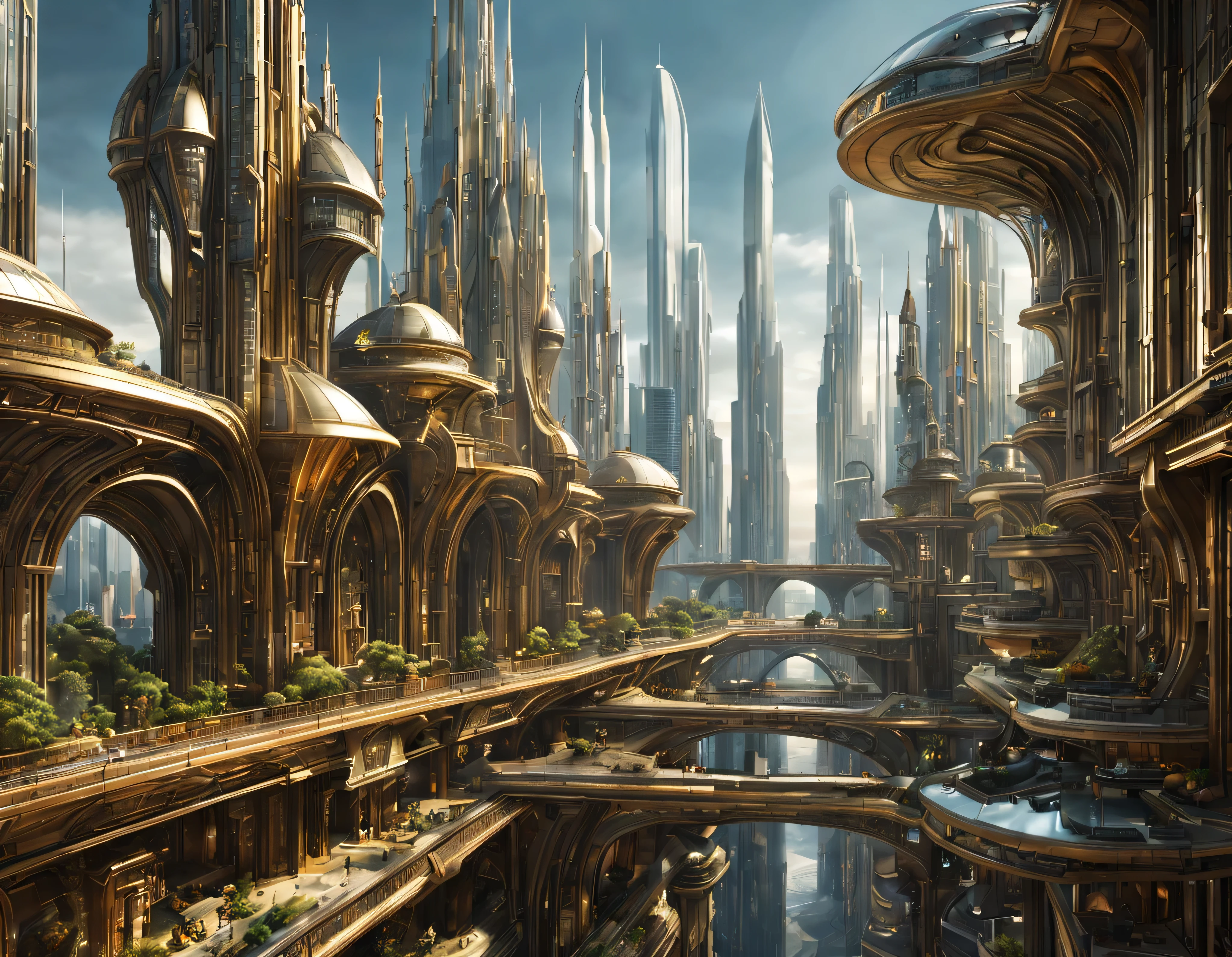the city of megacity futuristic science fiction city as it would be in the year 3029, vista desde una terraza , with high-tech design , edificios de metal y cristal, autopistas cruzandolos, de una inmensidad impresionante, con el empleo de oro , plata y bronce en su construccion, realmente impresionante a la vista, imagen bien definida, fondo nitido bien defifido, con muchos edificios juntos. imagen nitida bien definida 8k. los edificios llegan alta el fondo.,8k. imagen cinematografica, renderizado 3d, ((obra maestra de superior calidad)).