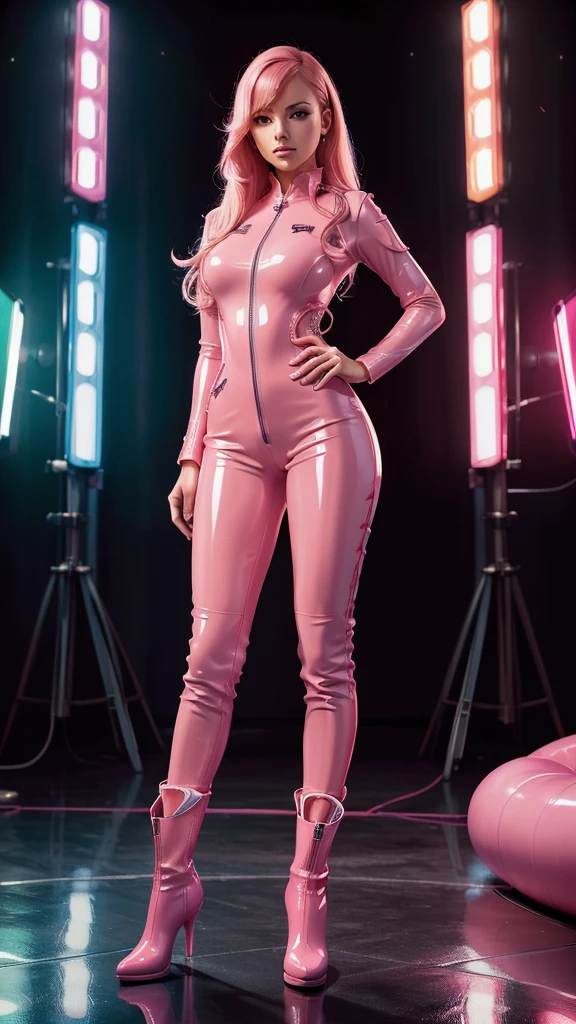 (high resolution, full body,soft skin:1.2),(best illustration,masterpiece:1.2),ultra-detailed,[(cat ears,black fur,pink inside:1.2),(kiss,romantic,intimate):1.3],vivid colors,sharp focus,portrait,studio lighting,bokeh, pink latex jumpsuit and boots