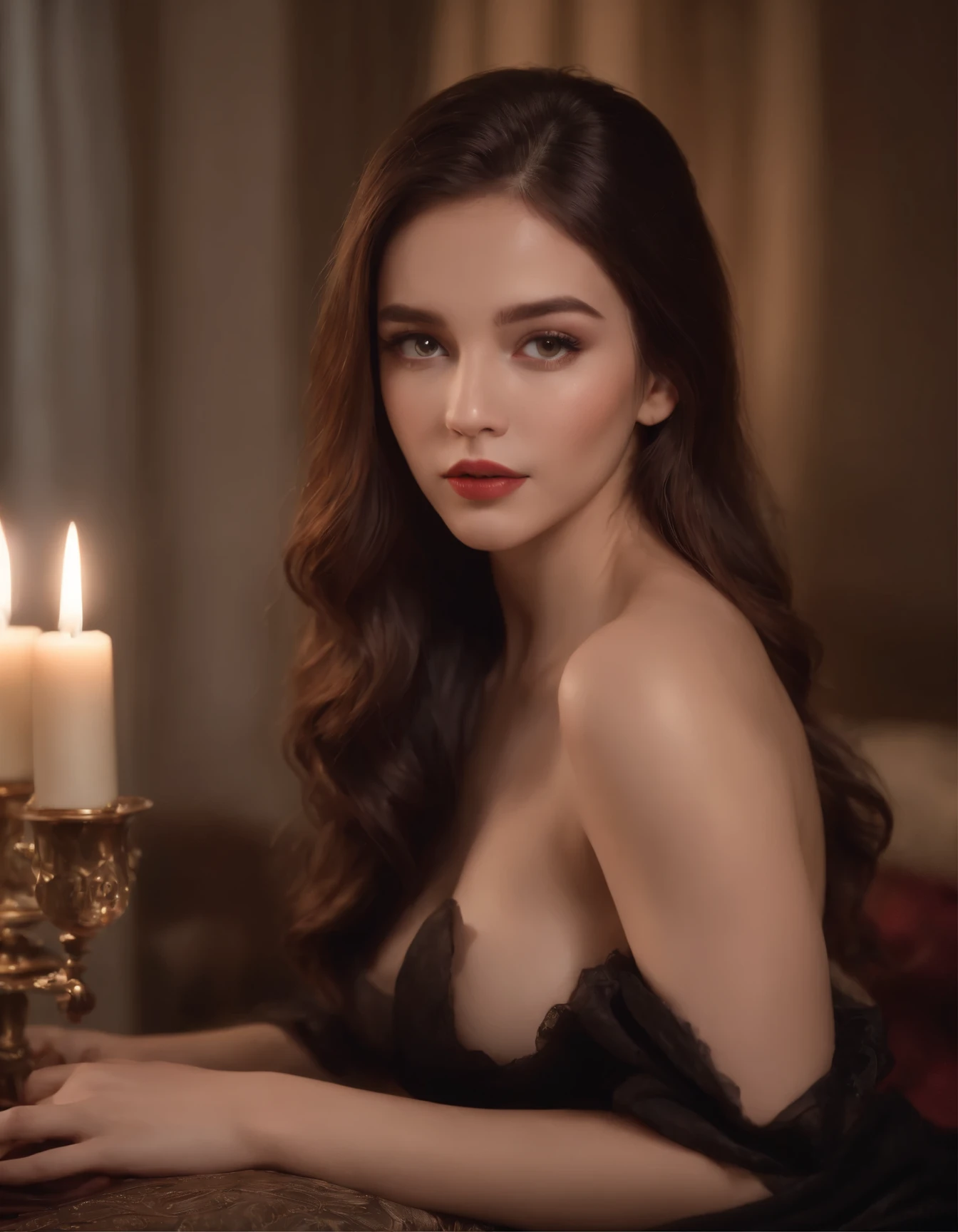 (best quality,4k,8k,highres,masterpiece:1.2),ultra-detailed,(realistic,photorealistic,photo-realistic:1.37),beautiful dark red mogano pourole girl with flowing hair,alluring eyes,full lips,exquisite facial features,wearing black stockings and high heels,posing with a seductive look,sitting gracefully on a plush bed,inside a dimly lit room illuminated by flickering candles,with a romantic and sensual ambience,showcasing elegant decor and luxurious textures,soft and warm color palette,casting gentle shadows and highlights on the girl's figure,enhancing the overall allure and mystery,creating an intimate atmosphere that exudes both elegance and sensuality.