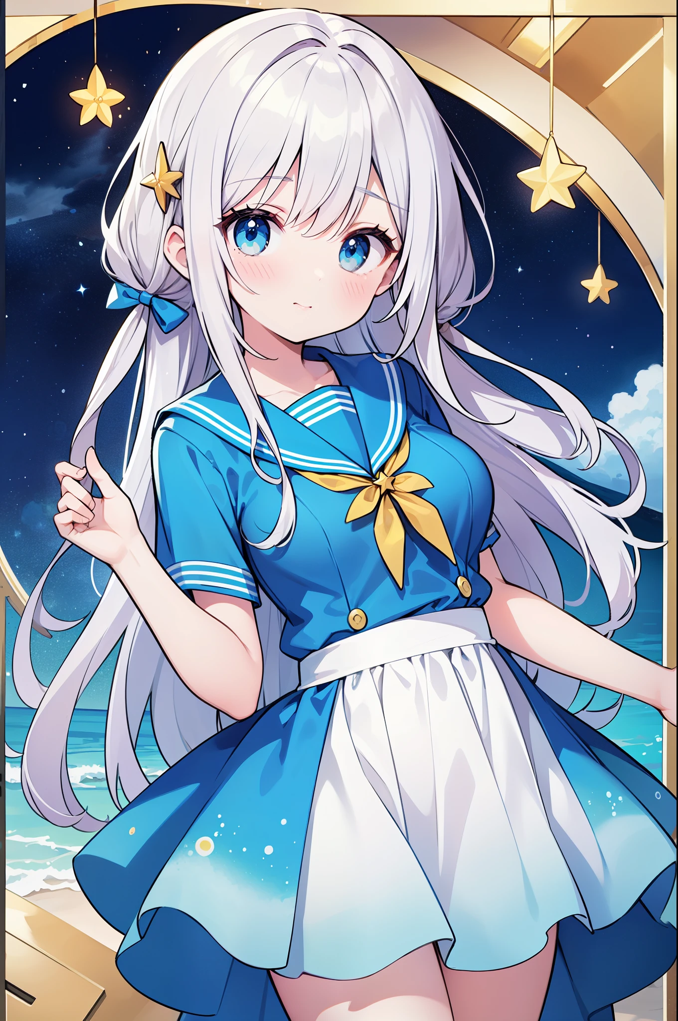 （masterpiece）、(highest quality)、((Super detailed))、(super delicate)、cute、Pastel colors hair、beautiful breasts、Gorgeous、fantastic sea of stars、Gold, silver, and deep blue sailor suit