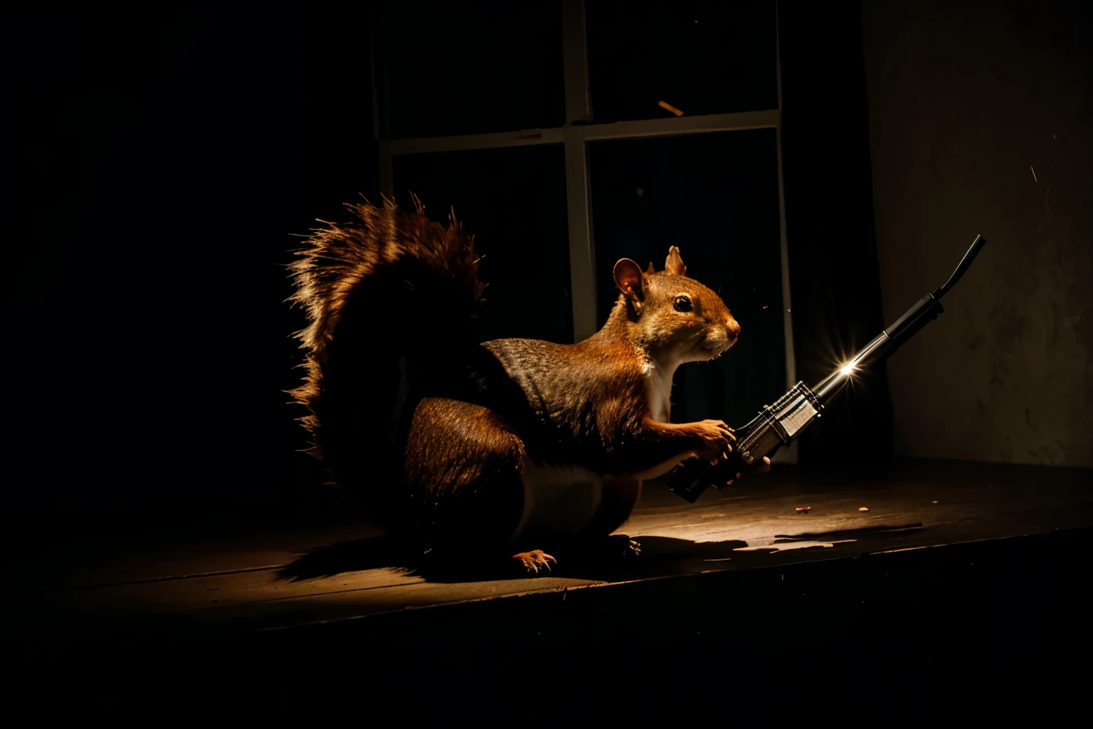 a squirrel with a shotgun, dark room, evil