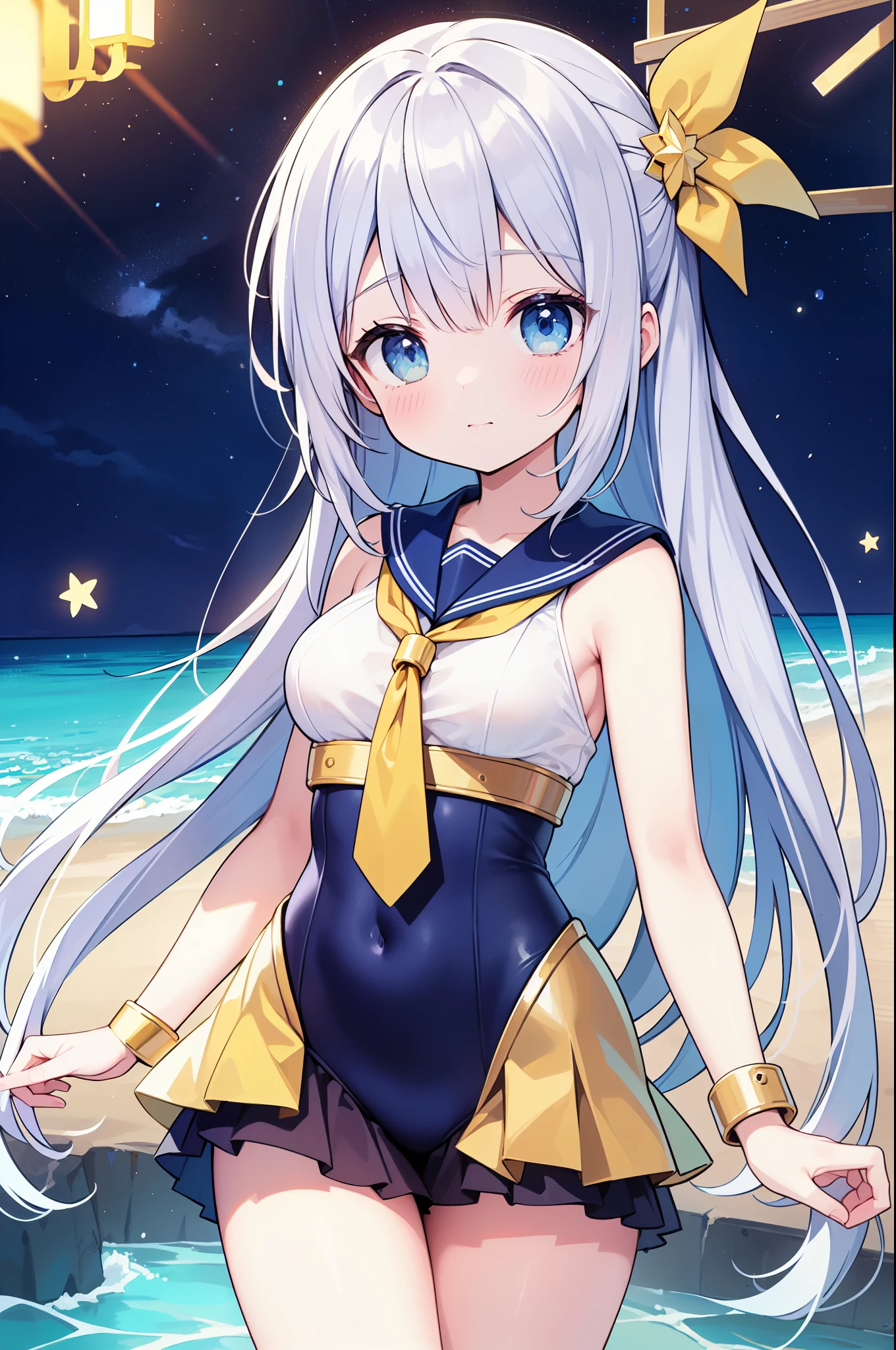 (masterpiece)、(highest quality)、((Super detailed))、(super delicate)、cute、Pastel colors hair、beautiful breasts、Gorgeous、fantastic sea of stars、Gold, silver, and deep blue sailor suit