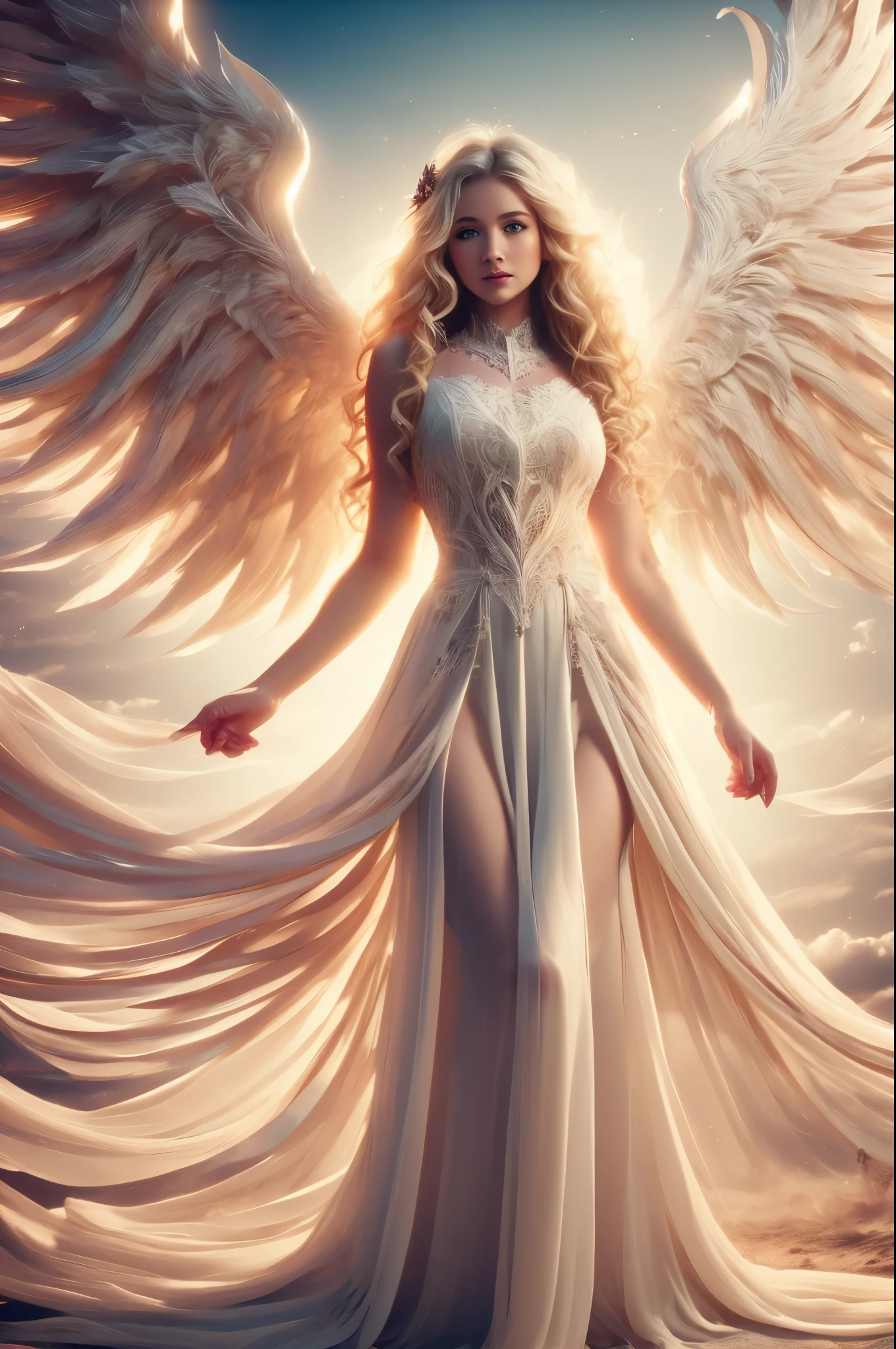 LOVELY WINGED WOMAN, FEMALE ANGEL, WHITE PAIR OF HUGE WINGS, ROMANTIC LONG WHITE DRESS, HUGE LONG BLONDE CURLY HAIR, PALE SOFT SKIN, ROSY CHEEKS, FULL BODY VIEW, FRONT PERSPECTIVE, SKY, CLOUDS, DAYLIGHTS, SUNSET, MASTERPIECE