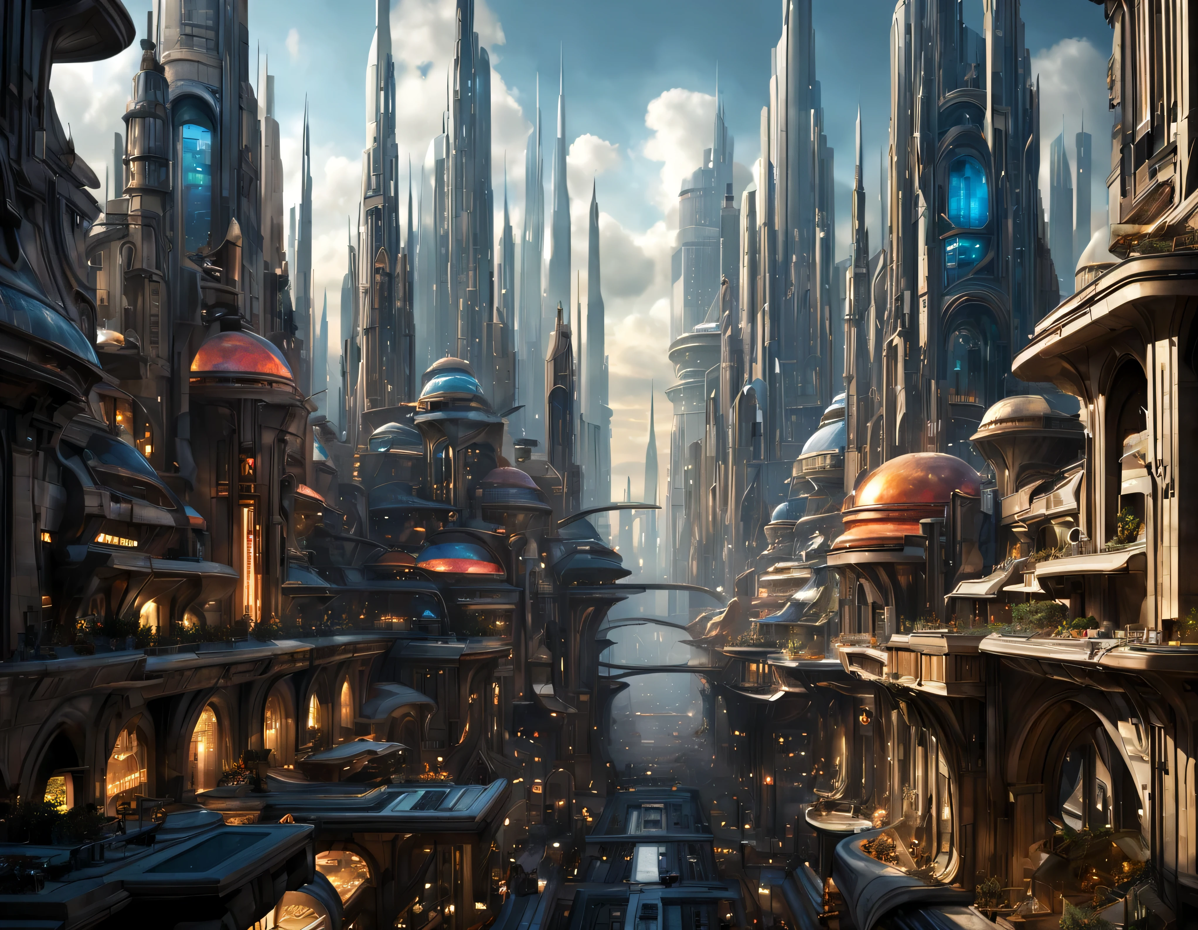 (The city of Coruscant from Star Wars as designed by Doug Chiang), futuristic fantasy city with immense buildings of technological design (que forman una avenida infinita), edificios compactor no difuminados con aspecto metalico, luces en ventanas en edificios, iluminacion diurna con sol, con estructuras acristaladas espectaculares, (con colores vivos). pavimento ensolado (sin brillo). gente paseando. imagen bien definida con muchos edificios juntos. imagen nitida bien definida 8k. los edificios llegan alta el fondo.,8k. imagen cinematografica. ((obra maestra de superior calidad)). (renderizado 3D).