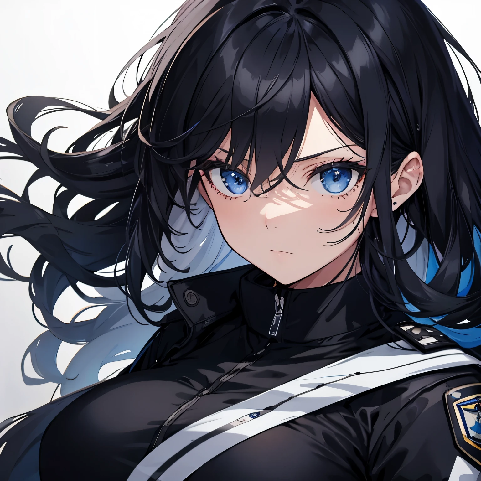 【Highest Quality, masutepiece】 [1 girl,expressioness, Female Police Officer ,Jet black head of hair, beautifull detailed face, Very blue eyes, large full breasts, Long hair fluttering in the wind, jet-black hair, Serious look, Upper body] (Gray white background:1.2),