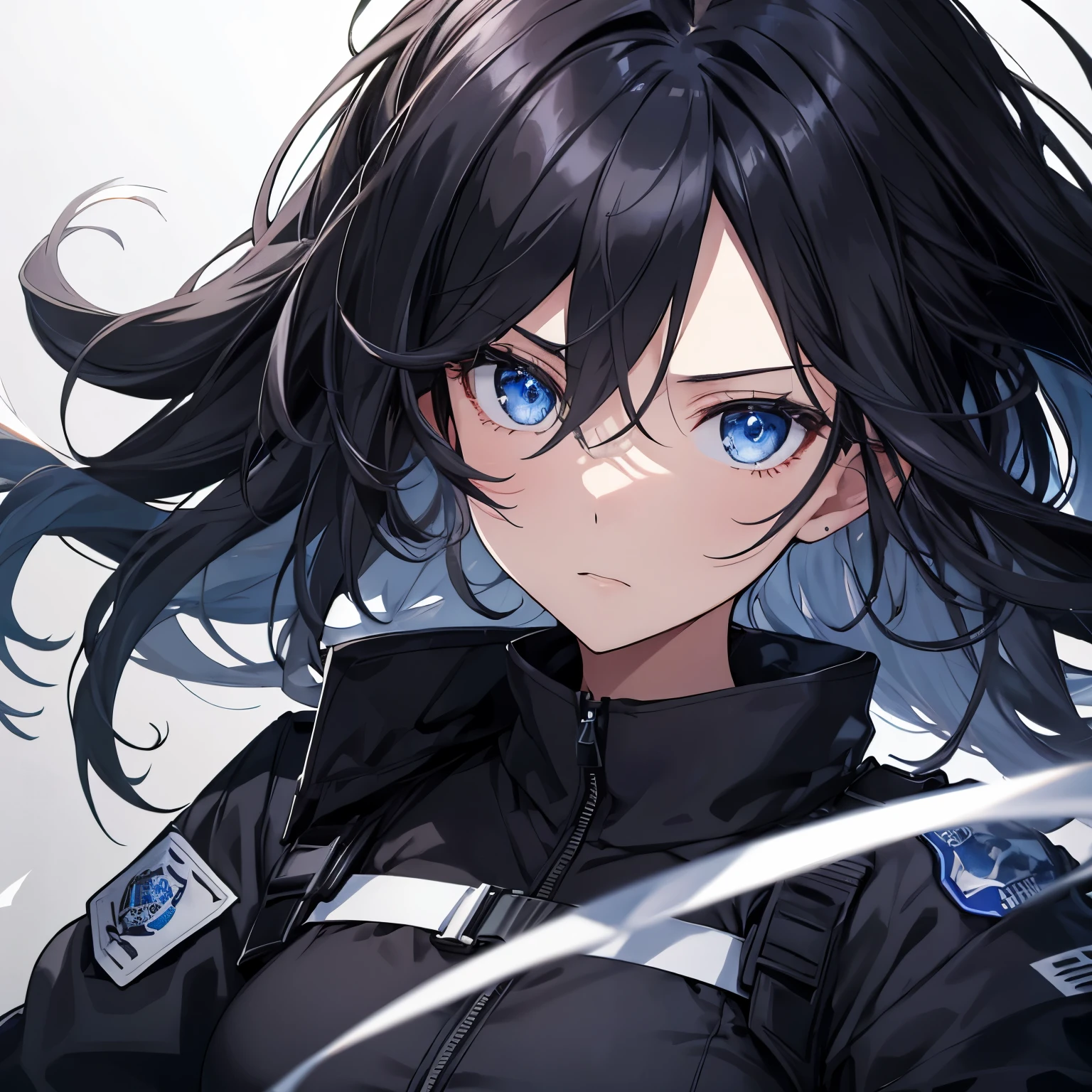 【Highest Quality, masutepiece】 [1 girl,expressioness, Female Police Officer ,Jet black head of hair, beautifull detailed face, Very blue eyes, large full breasts, Long hair fluttering in the wind, jet-black hair, Serious look, Upper body] (Gray white background:1.2),
