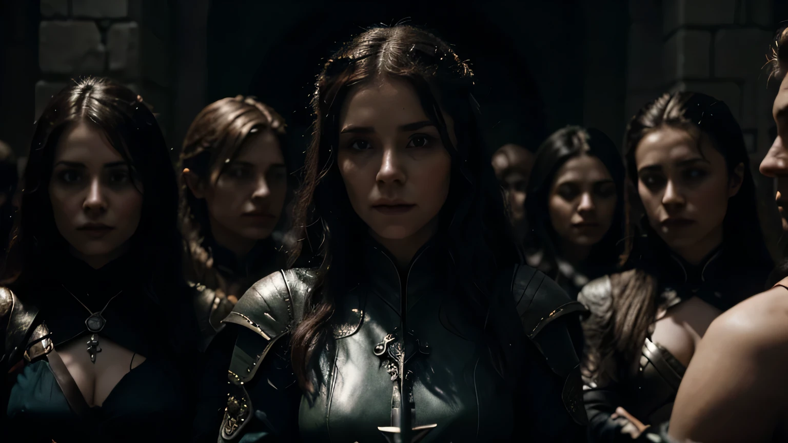 Elara, surrounded by allies, contemplating the realm's future, fantasy style, cinematic, detailed, 8k, sharp focus, dark fantasy style, beautiful and aesthetic, photography, cinematic, 8k, high detailed, detailed faces,