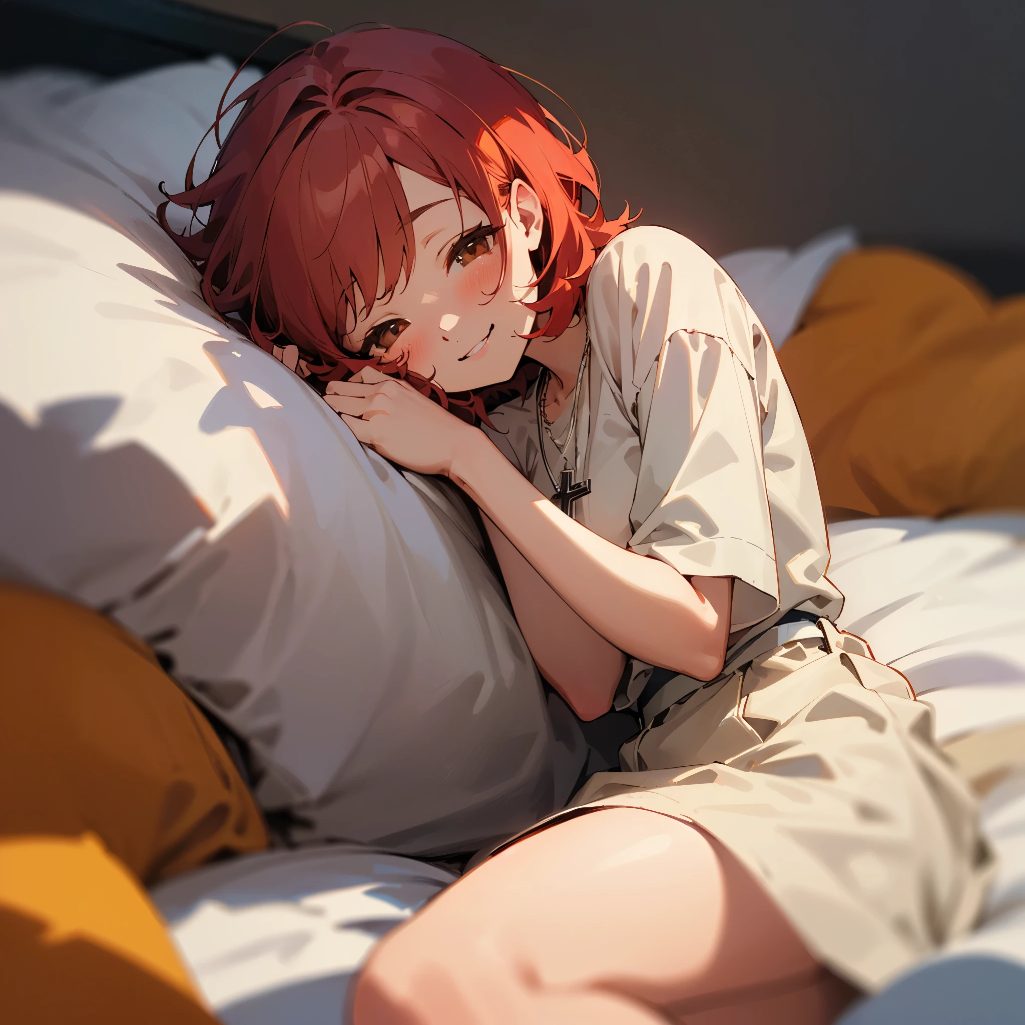 Short red-haired girl with a smile. brown eyes. She wears a necklace with a Catholic cross. sleeping in a bed while drunk. high res, ultrasharp, 8K, masterpiece, looking at viewer 