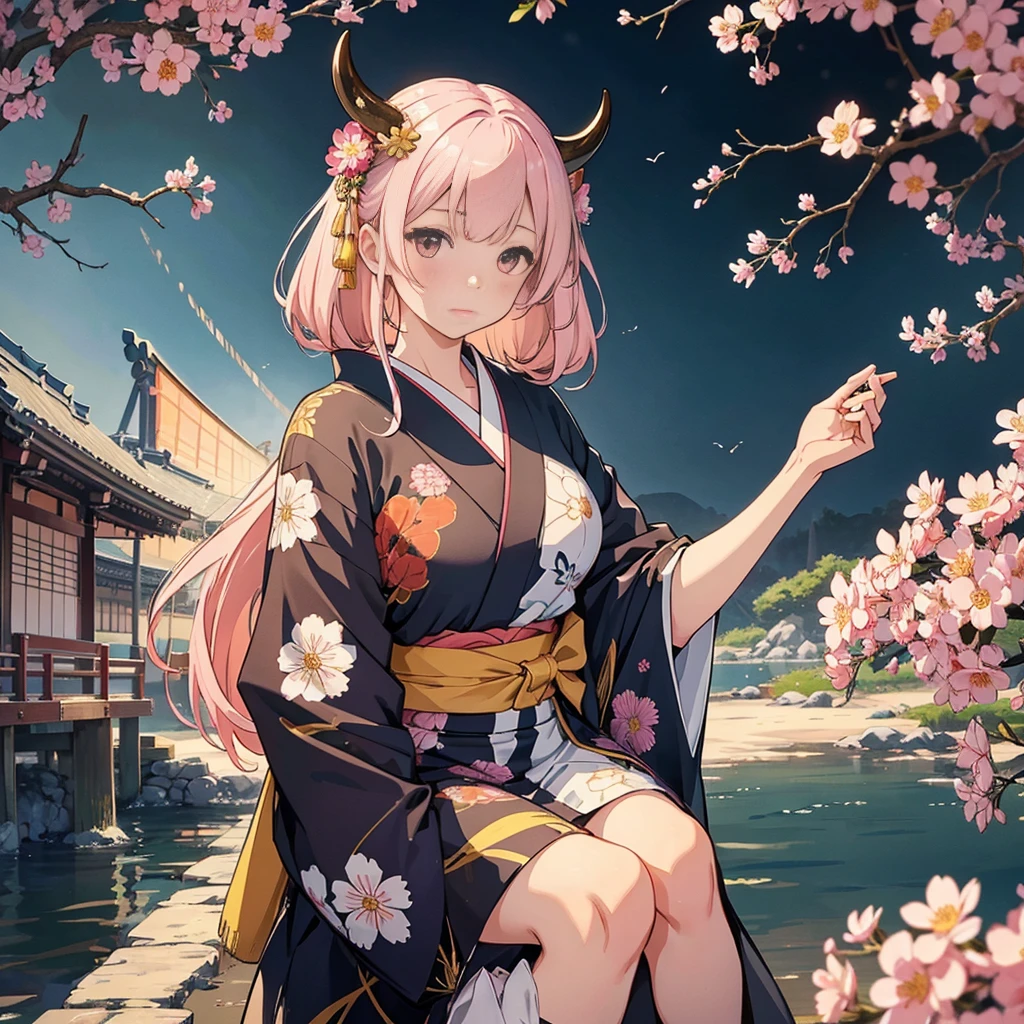 masterpiece, highest quality, High resolution, A girl decorated with cow horns、Posing alone in front of a Japanese-patterned background filled with colorful flowers. her hair, Light pink hair with bangs, Comes with a hair ornament. Her closed mouth adds an enigmatic charm. Even though there are no real cows, Japanese motifs are still prevalent, There are 12 intricate signs embedded in the kimono., Further enhances the fantastic beauty of this scene.