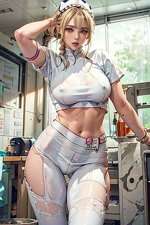 1girl, Blonde braided hair, Warrior, dressed in Glossy White Leather, also she's a Nurse, on the battle field. gigantic breasts, full body shot from below, ctmp, abs