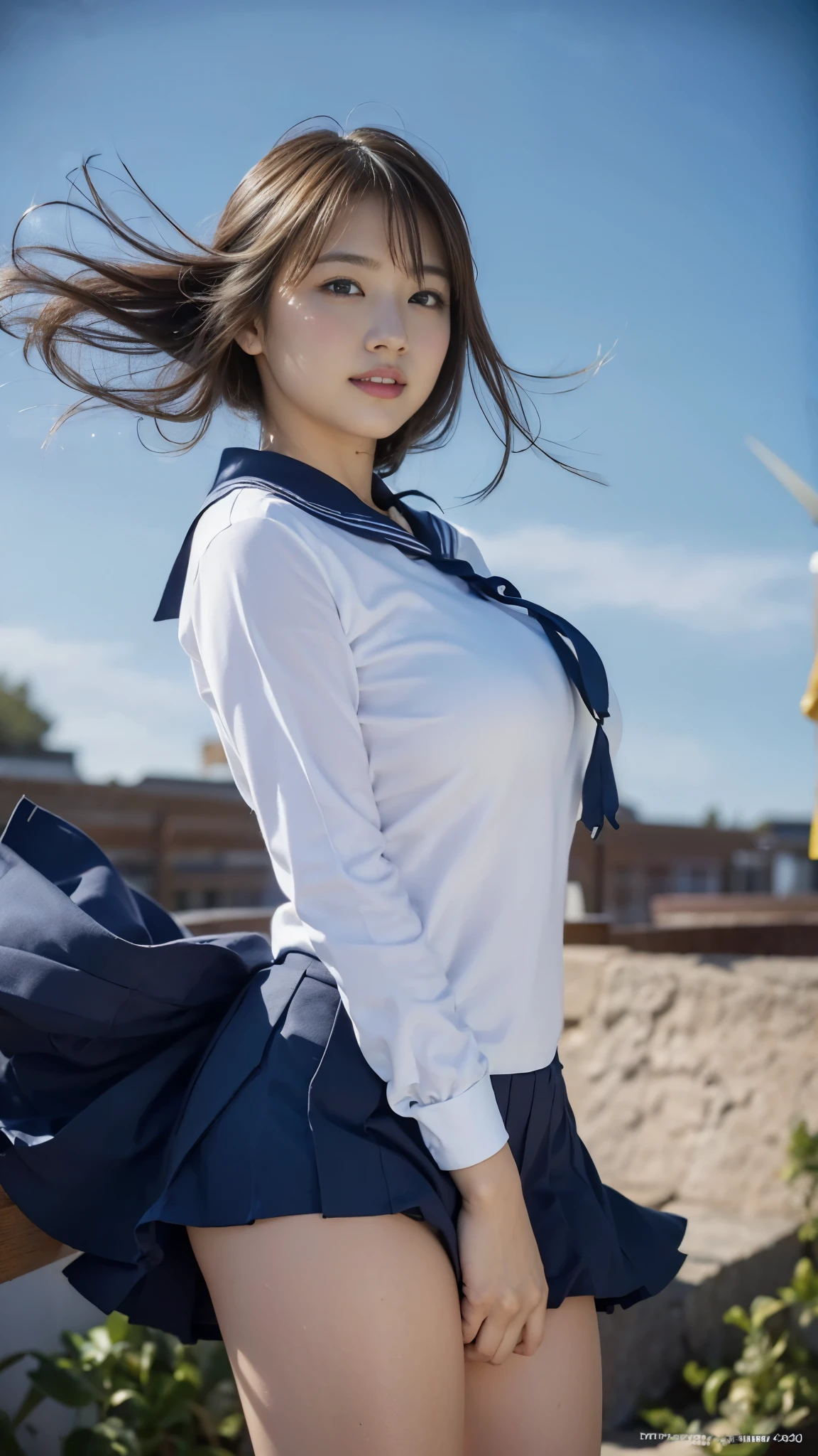 RAW photo, 1 girl, incredibly absurd, beautiful girl, (cute), (One knot in the braid), Depth of written boundary, High resolution, Super detailed, (delicate), very detailed, highly detailed eyes and face, sharp pupils, realistic student, sharp focus, cinematic lighting, Eye and face details, (Japan High School Sailor Suit), Cowboy Shot Full Body, (wind lift:1.8), cameltoe, high school garden, Smile and shout, Seduce, Big breasts that are about to burst, Close-up, perfect body, (look up from below)