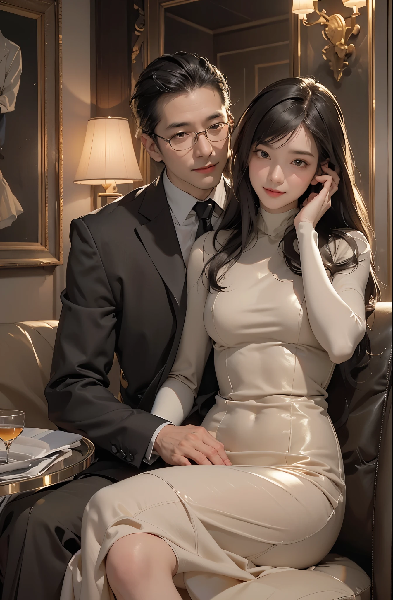 "In an exclusive lounge, dimly lit with soft jazz playing, Masaki Tanaka, age 58,  a well-respected business tycoon, in a tête-à-tête with a beautiful hostess, age 22,  plush velvet upholstery and mahogany setting, in a photorealistic image, cinematic style, Masaki in a perfectly tailored suit, relaxed yet commanding posture, arm around the hostess's slender waist, sharp eyes reflecting golden light, sharing a private joke, hostess in a figure-hugging dress, leaning into Masaki, atmosphere electrifying with charisma, clink of glasses, shared laughter, mutual attraction, intimate yet public setting, 50mm lens, warm and intimate lighting, high resolution 8K, capturing the essence of sophisticated flirtation and elite lifestyle (cinematic style:1.4), (sophisticated flirtation:1.3), (elite lifestyle:1.2)"
