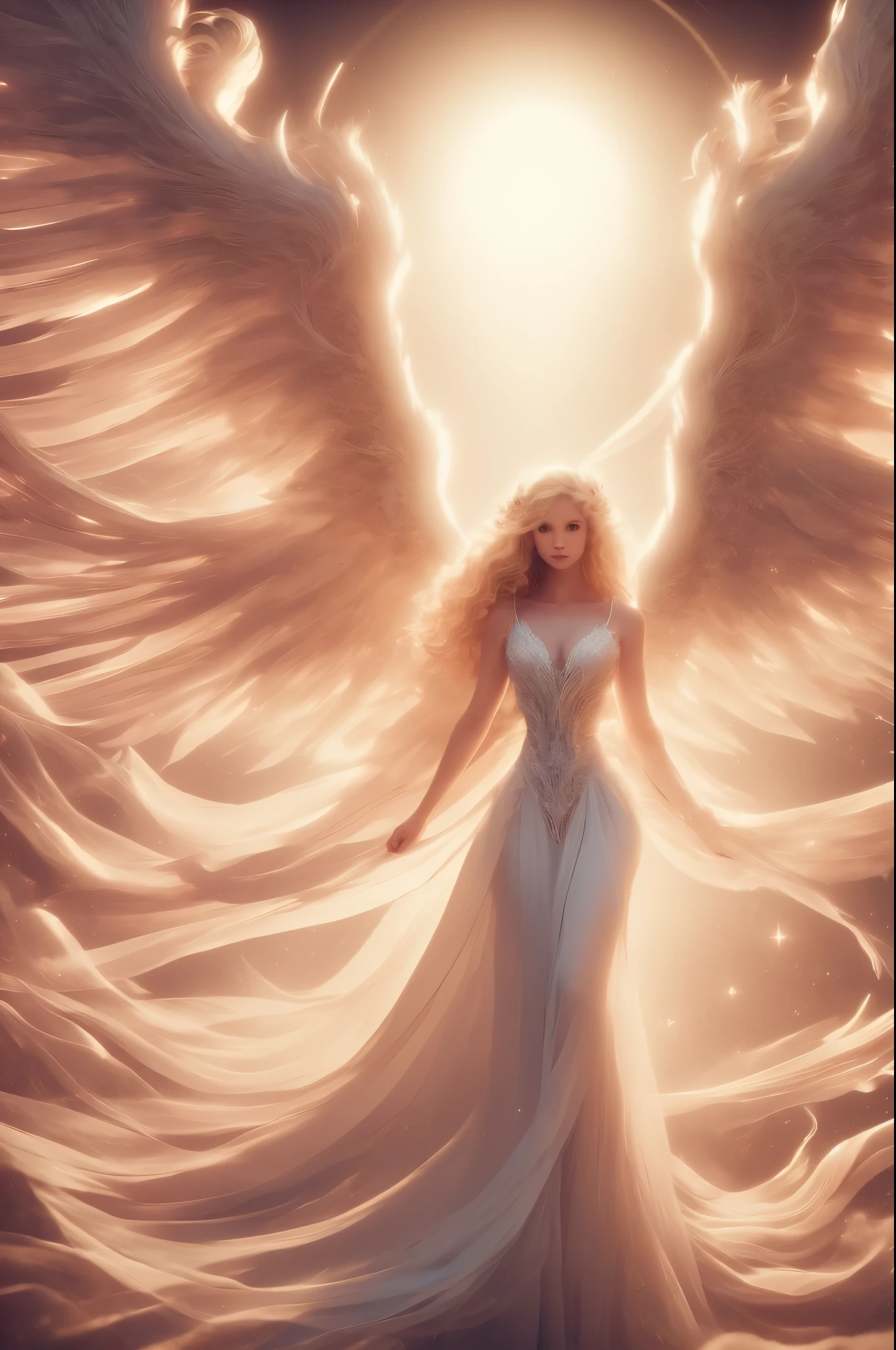 LOVELY WINGED WOMAN, FEMALE ANGEL, WHITE PAIR OF HUGE WINGS, ROMANTIC LONG WHITE DRESS, HUGE LONG BLONDE CURLY HAIR, PALE SOFT SKIN, ROSY CHEEKS, FULL BODY VIEW, FRONT PERSPECTIVE, SKY, CLOUDS, DAYLIGHTS, SUNSET, MASTERPIECE