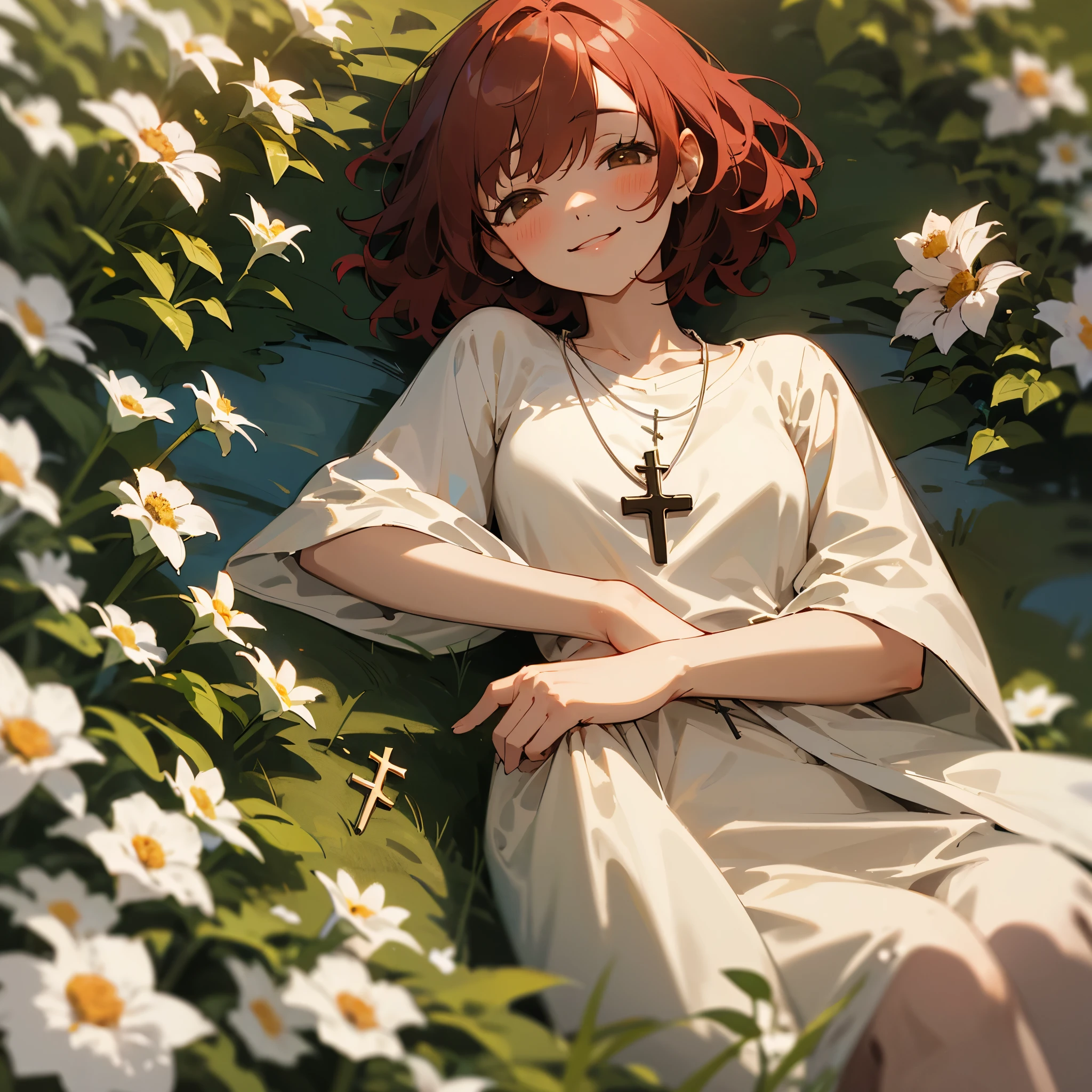 Short red-haired woman with a smile. brown eyes. She wears a necklace with a Catholic cross. sleeping in a garden while drunk. high res, ultrasharp, 8K, masterpiece, looking at viewer 