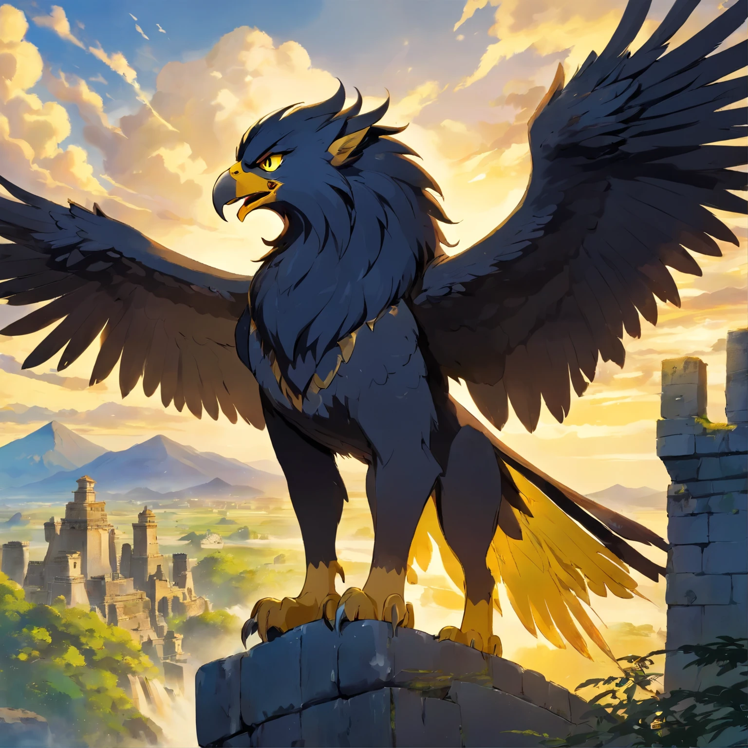 Gryphon, mythological creatures, Majestic, Powerful black wings, black Lion body, Eagle head, Fierce yellow gaze, Sharp claws, black feater, Golden beak, Ancient ruins, Epic, magical, mythological creatures, mythological beasts, Fierce, Mythical monsters