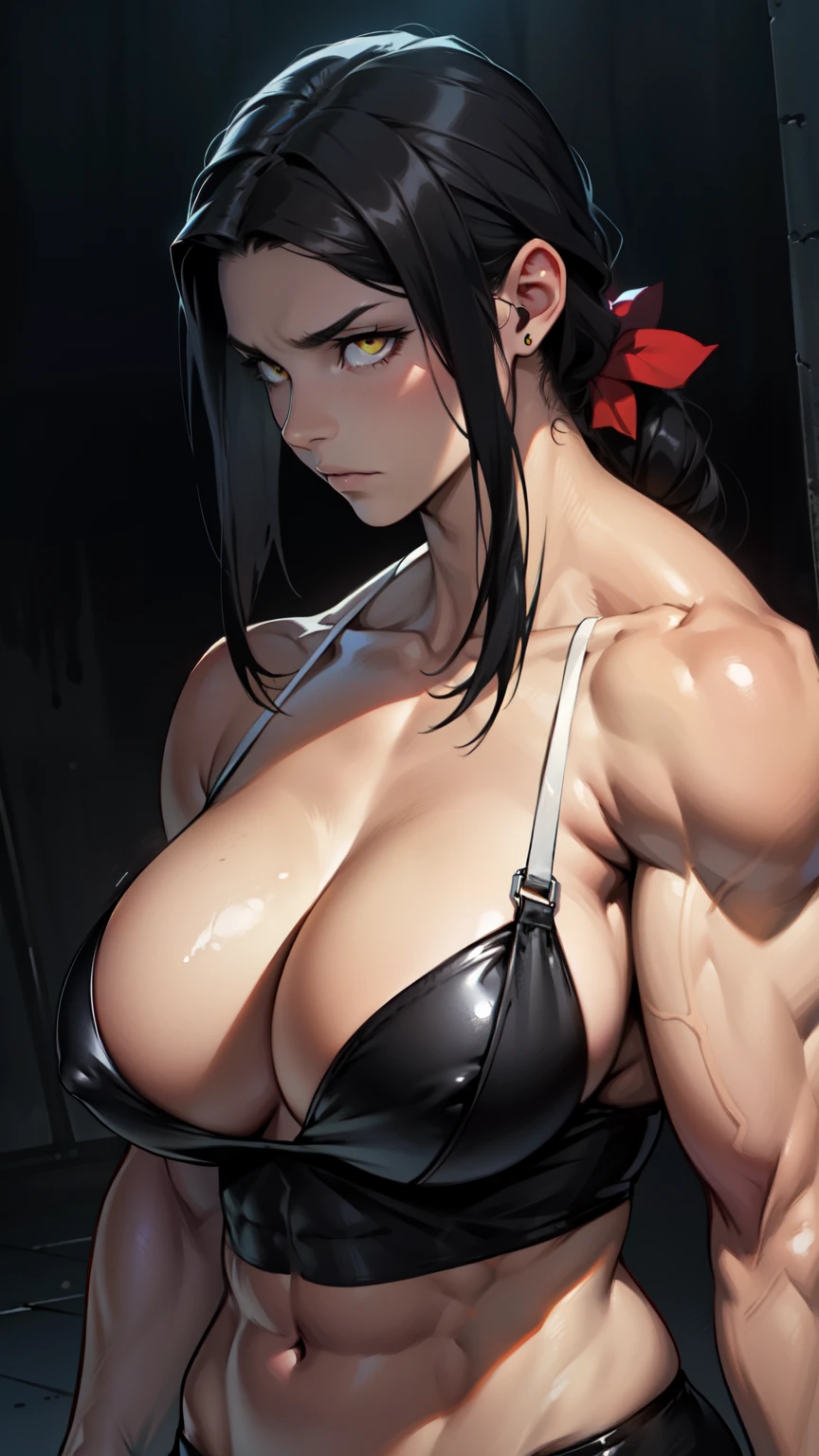 (((girl muscular))) ((toned body huge breasts)) pale skin black hair yellow eyes dark atmosphere sad sad sad thick thick thick