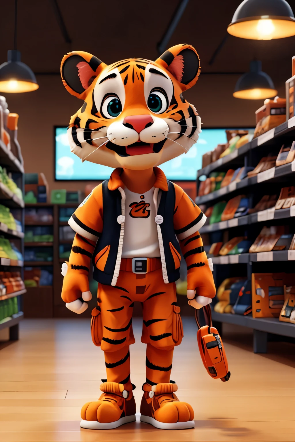 Tech Tigger:

A mascot with tiger features, dynamic and technological.
Incorporates electronic accessories to represent the range of technological products available in the store.