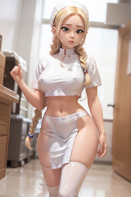 1girl, Blonde braided hair, Warrior, dressed in Glossy White Leather, also she's a Nurse, on the battle field. gigantic breasts, ctmp