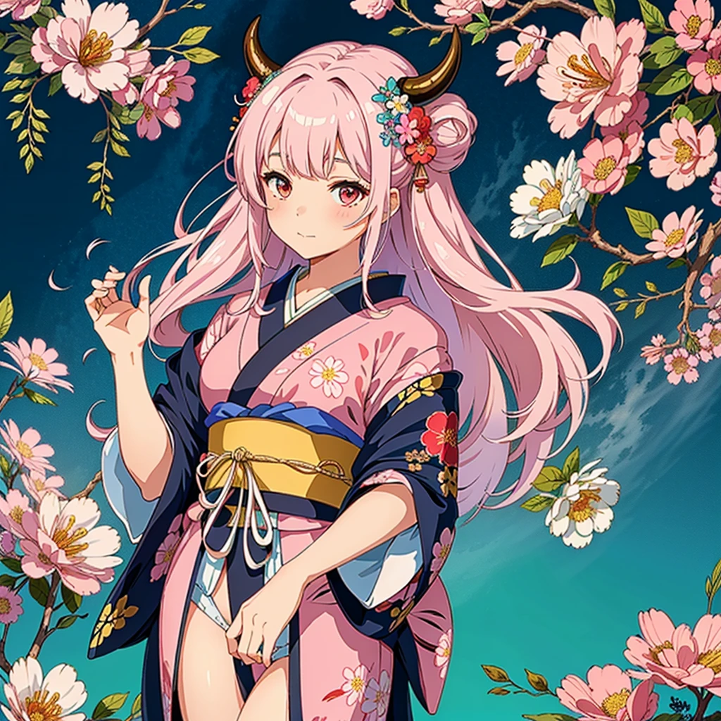 (masterpiece, highest quality, High resolution), A girl adorned with cow horns, (Posing alone in front of a Japanese-patterned background filled with colorful flowers), her (Light pink hair with bangs), (Comes with a hair ornament), her closed mouth adds an enigmatic charm. The scene is breathtaking, even though there are no real cows present, the Japanese motifs are still prevalent. (Further enhances the fantastic beauty of this scene), The intricate kimono she wore bore the ingenious craftsmanship of 12 (signs embedded in the kimono), which beautifully complemented her appearance.