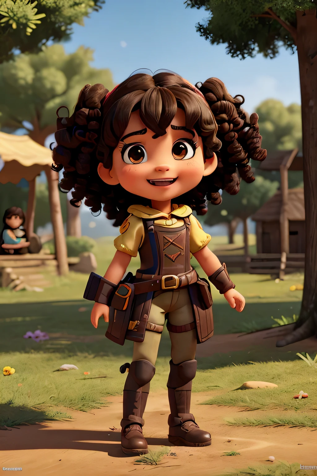 Uma de 3 anos com cabelo castanho escuro cacheado, olhos negros brilhantes, e um sorriso brilhante. She is in medieval war gear . She's playing in a park, rindo e se divertindo. The animation should have a style similar to Disney's 3D animation, com cores vivas e caracteres detalhados, multiple positions, e triste alegre chateado, Book illustration